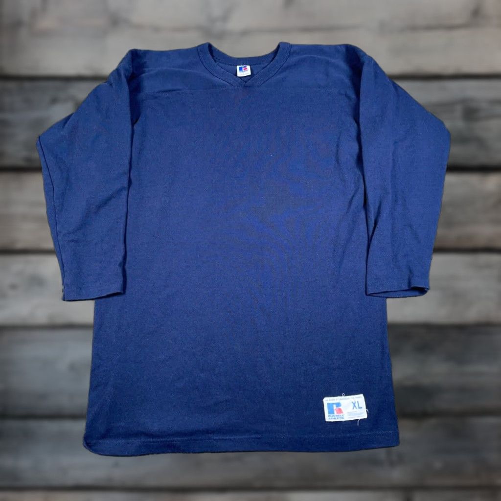 Russell Athletic VINTAGE Russell Athletic Sweatshirt Adult XL Dark Blue 50/50 80s Long Body Pullover V-Neck Men Mens 90s Retro Size US XL / EU 56 / 4 - 1 Thumbnail