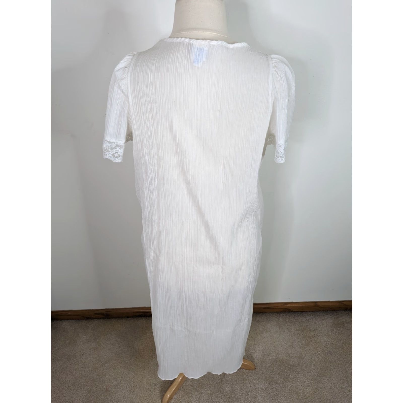 Pinko VINTAGE White cotton Lace Short Sleeve Long Night Gown Pink Ribbon Women's L D2S Size 36" / US 14 / IT 50 - 3 Thumbnail