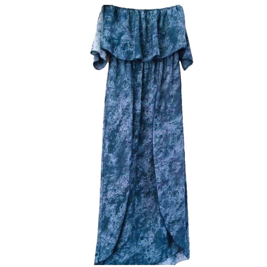 Nordstrom I JOAH Blue White Tube Off Shoulder Ruffle Slit Maxi Dress Size M / US 6-8 / IT 42-44 - 2 Thumbnail