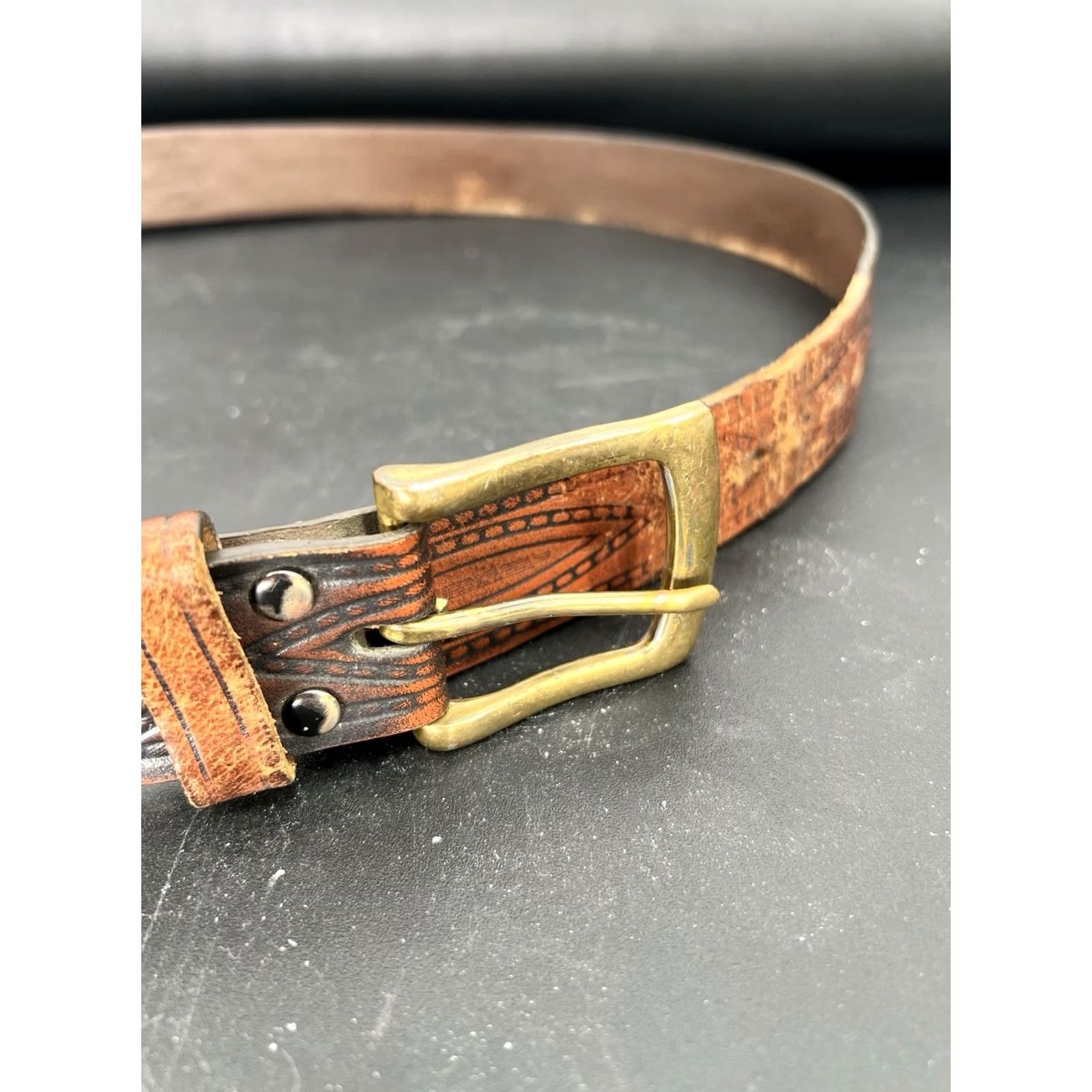 Wrangler VINTAGE Wrangler Western Belt Brown Leather Embossed Buckle Adjustable Men One Size Brown Leather Western Belt Mens Size ONE SIZE - 7 Thumbnail