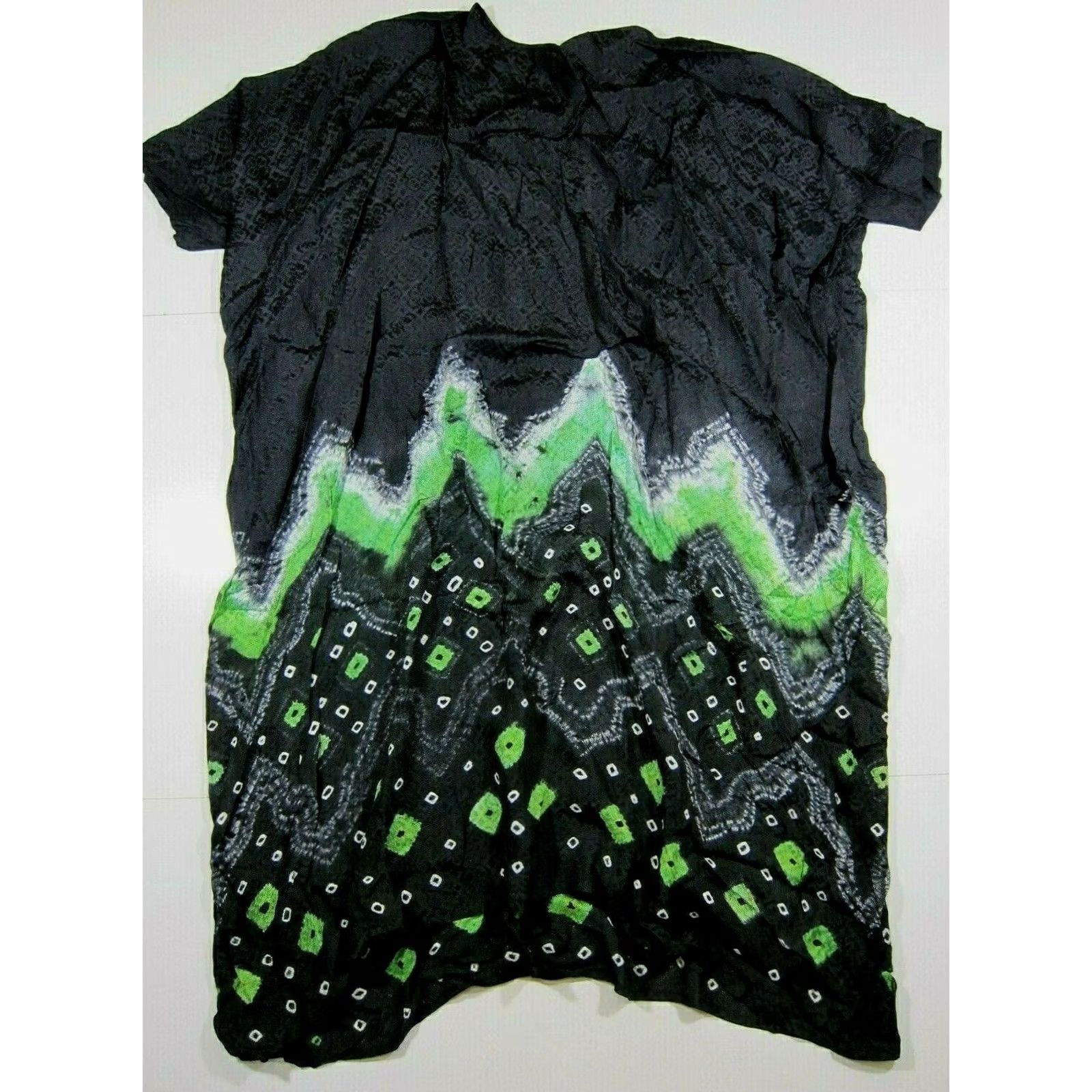 Vintage Manis Rayon Kaftan Kurta Tunic Maxi Dress OS Black Green White Tie Dye Long Size L / US 10 / IT 46 - 2 Thumbnail