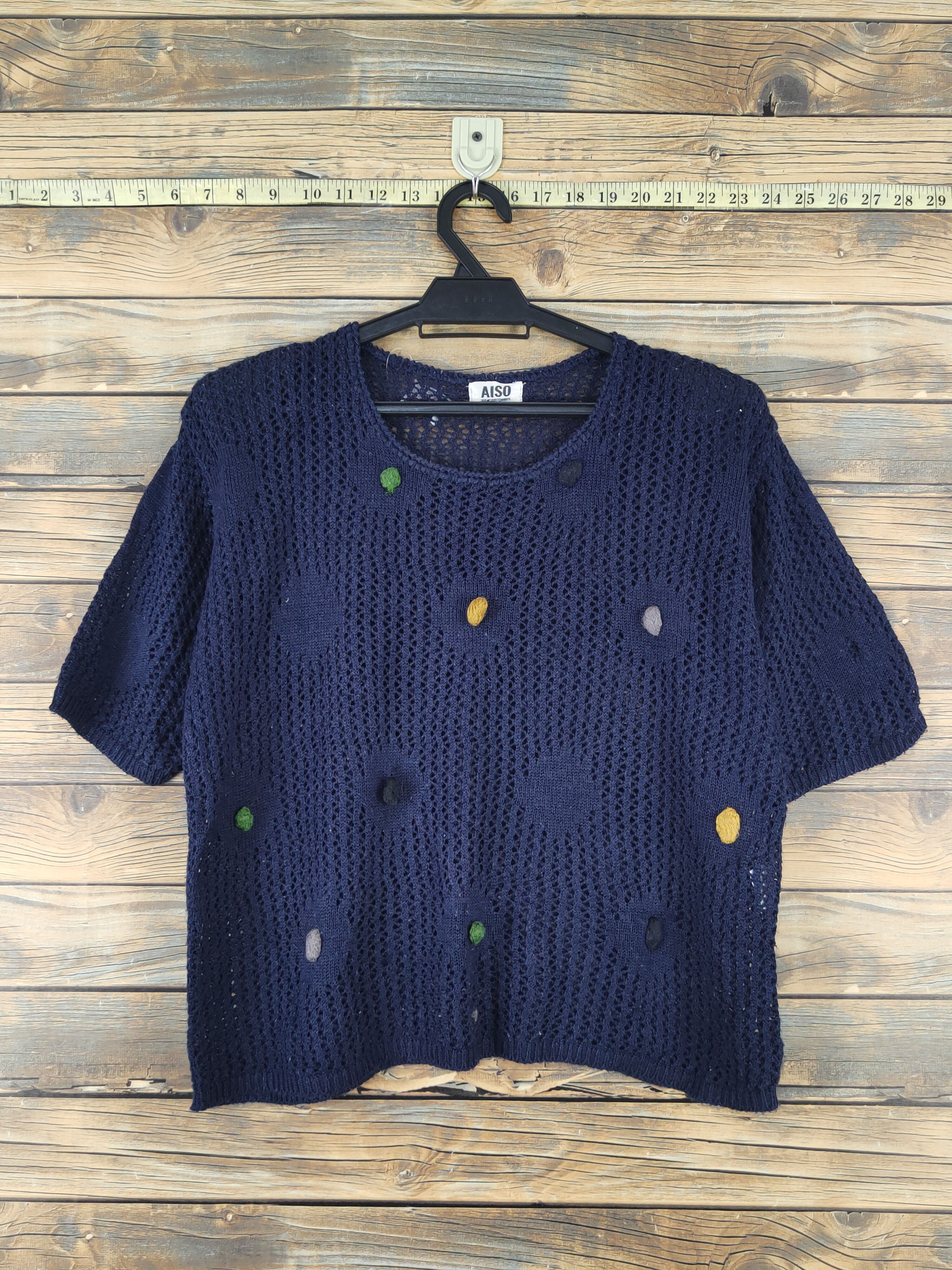 Aiso Navy MeshNet crochet Knitwear Short Sleeve #W1292