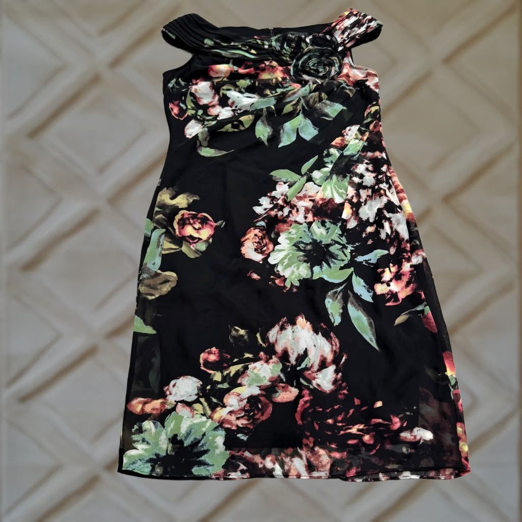 Adrianna Papell Adrianna Papell Black Floral Midi Dress Womens 6 Ruched 3D Flower Pleated Party Size M / US 6-8 / IT 42-44 - 1 Thumbnail