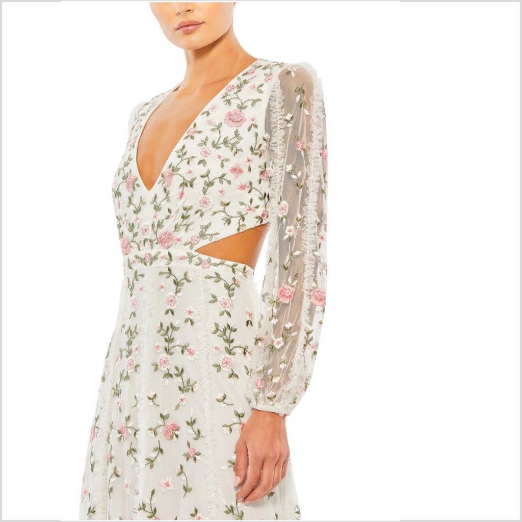 Mac Duggal Mac Duggal White Floral Embroidered Long Sleeve Gown Size-10 Size L / US 10 / IT 46 - 2 Thumbnail