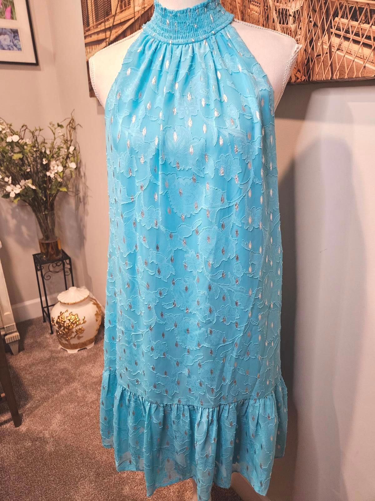 Designer Kensie Teal & Silver Halter Neck Dress with Flared Hem #245 Size M / US 6-8 / IT 42-44 - 1 Thumbnail