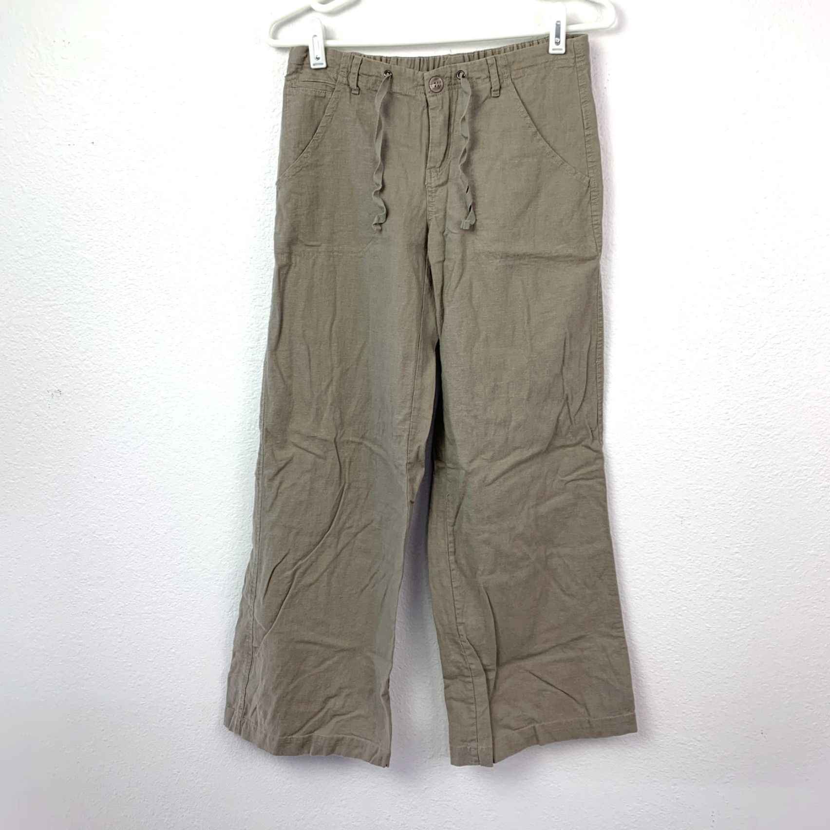 Vintage Just Living Women's XS Khaki Linen Blend Wide Leg Drawstring Elastic Waist Pants Size 26" / US 2 / IT 38 - 2 Thumbnail