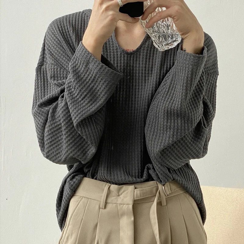 Japanese Brand × Vintage Korean fashion grey U neck long sleeve waffle top Size US M / EU 48-50 / 2 - 3 Thumbnail