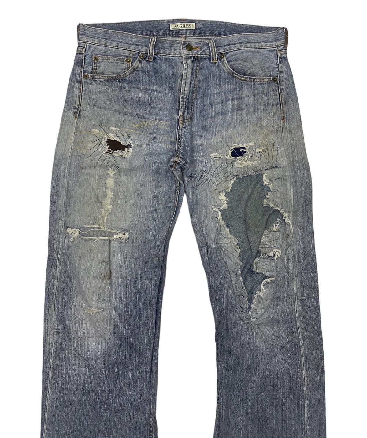 Beauty Beast 🔥DISTRESSED DENIM JEANS RARE SAGRES CRAZY SEW Size US 35 - 6 Thumbnail