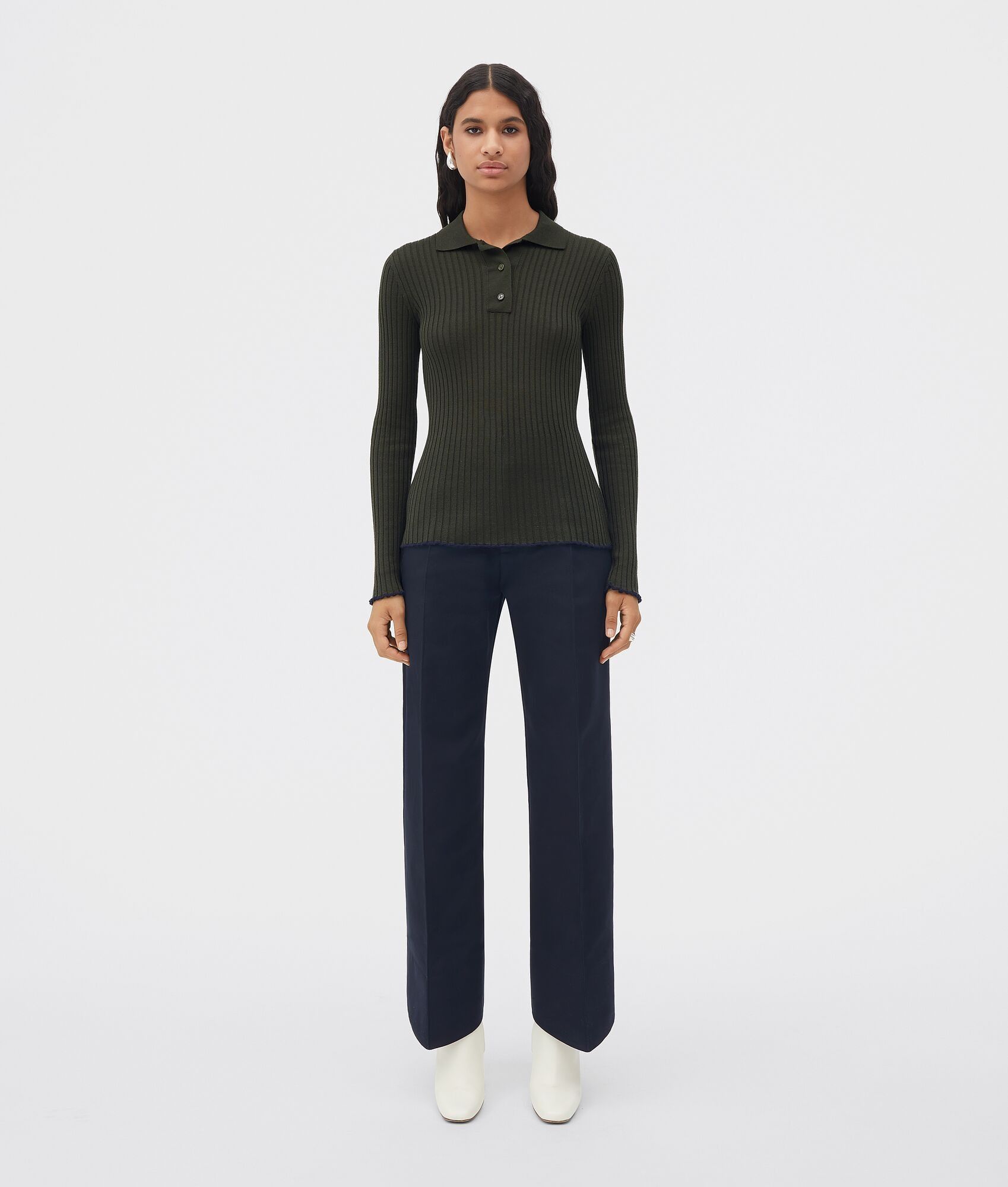 Bottega Veneta o1bcso1str0225 Silk Cashmere Ribbed Polo Shirt in Dark Green Size S / US 4 / IT 40 - 1 Thumbnail