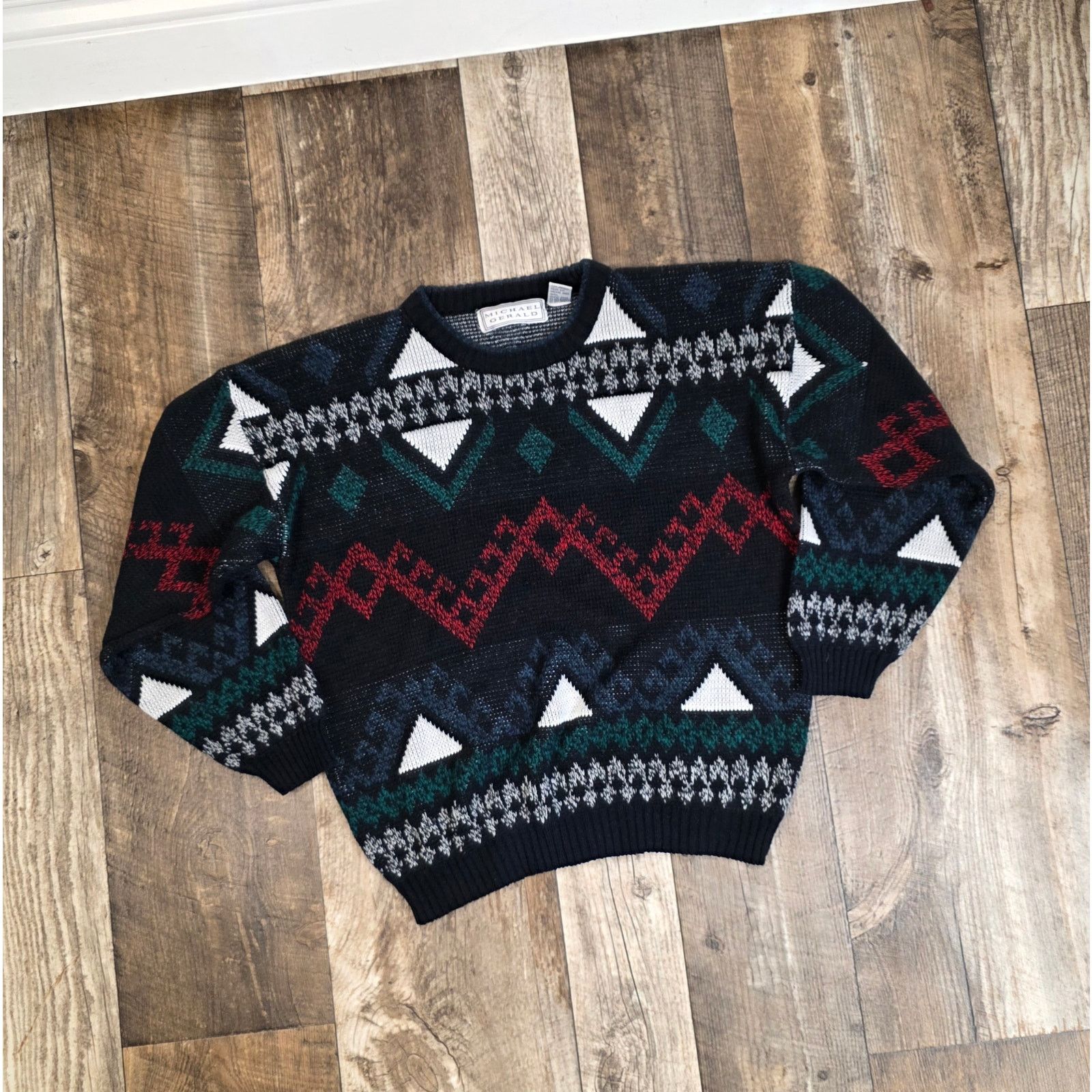 Vintage Vintage 80s 90s Grandpa Crew Sweater Geometric Stripped Size US L / EU 52-54 / 3 - 1 Thumbnail