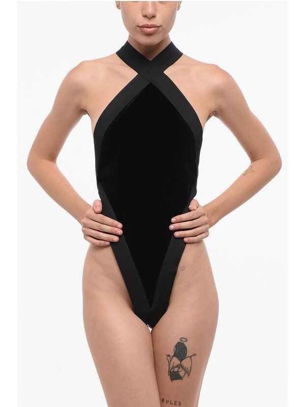 Saint Laurent Paris oc11z1025 Backless Bodysuit in Velvet in Black Size S / US 4 / IT 40 - 1 Thumbnail