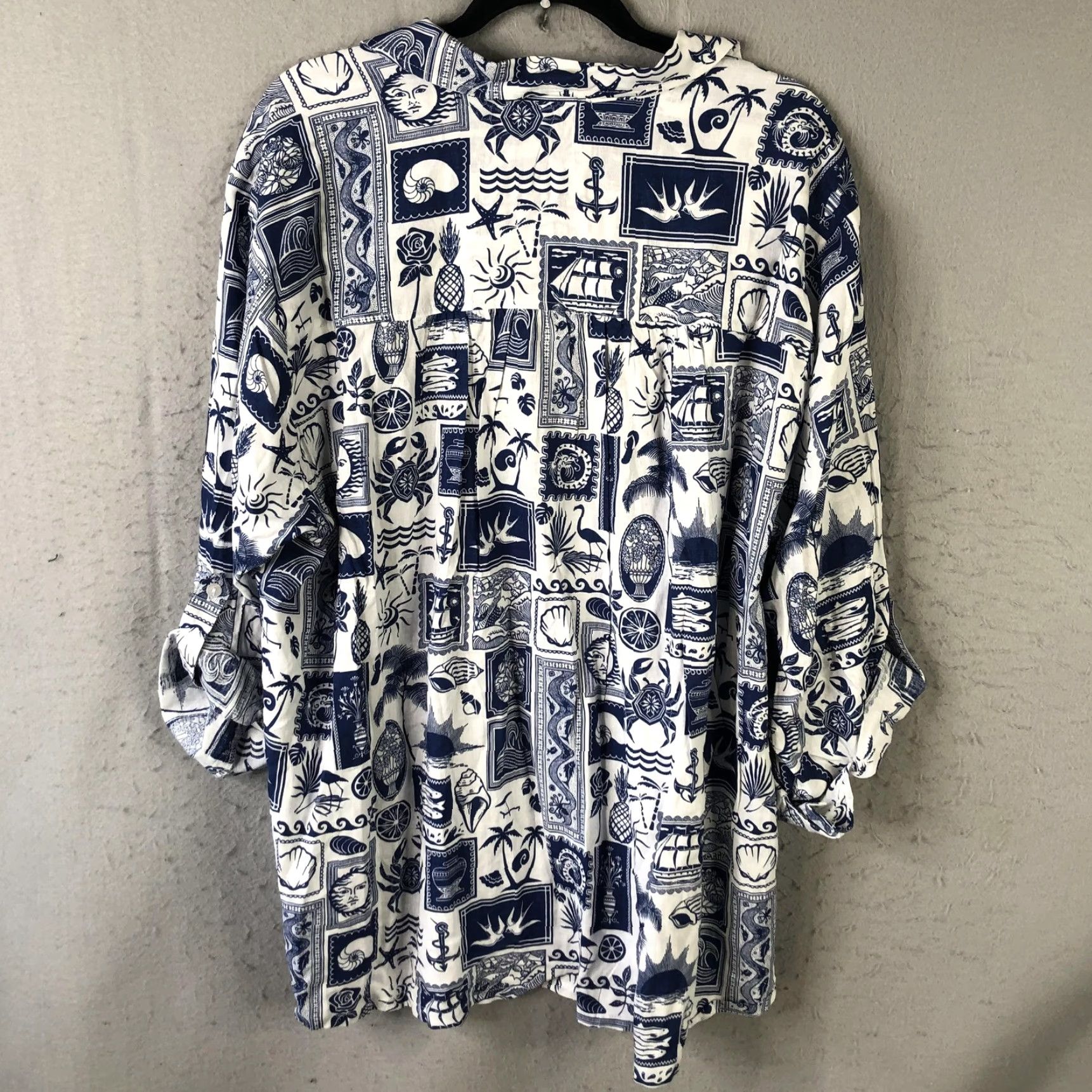 Vintage JANE + DELANCEY Shirt Womens 2X Blue Nautical Print Linen Blend Tunic Beachy Size XXL / US 16-18 / IT 52-54 - 2 Thumbnail