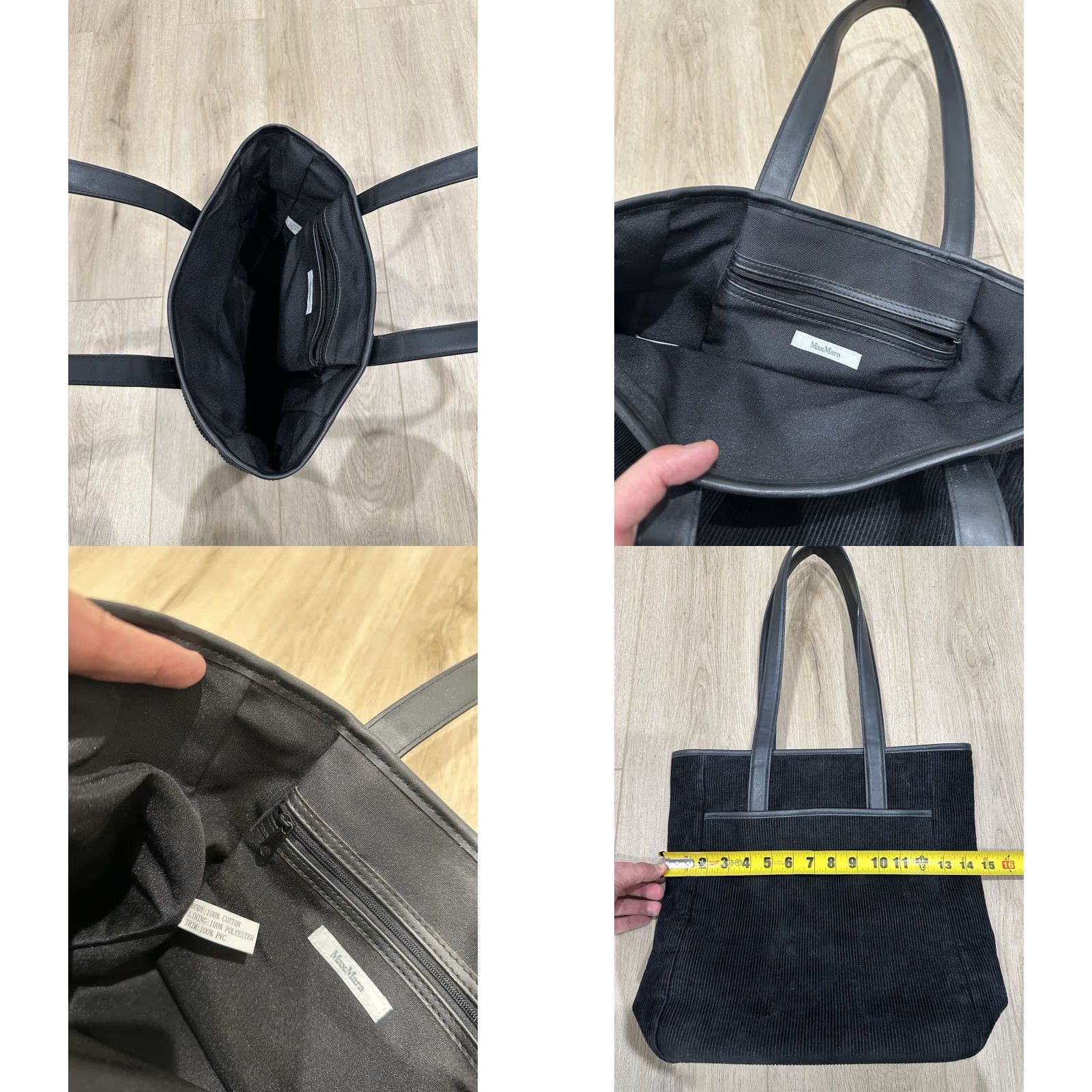 Max Mara Max Mara Black Corduroy Leather Trimmed Tote Shoulder Hand Bag Purse Size ONE SIZE - 8 Thumbnail