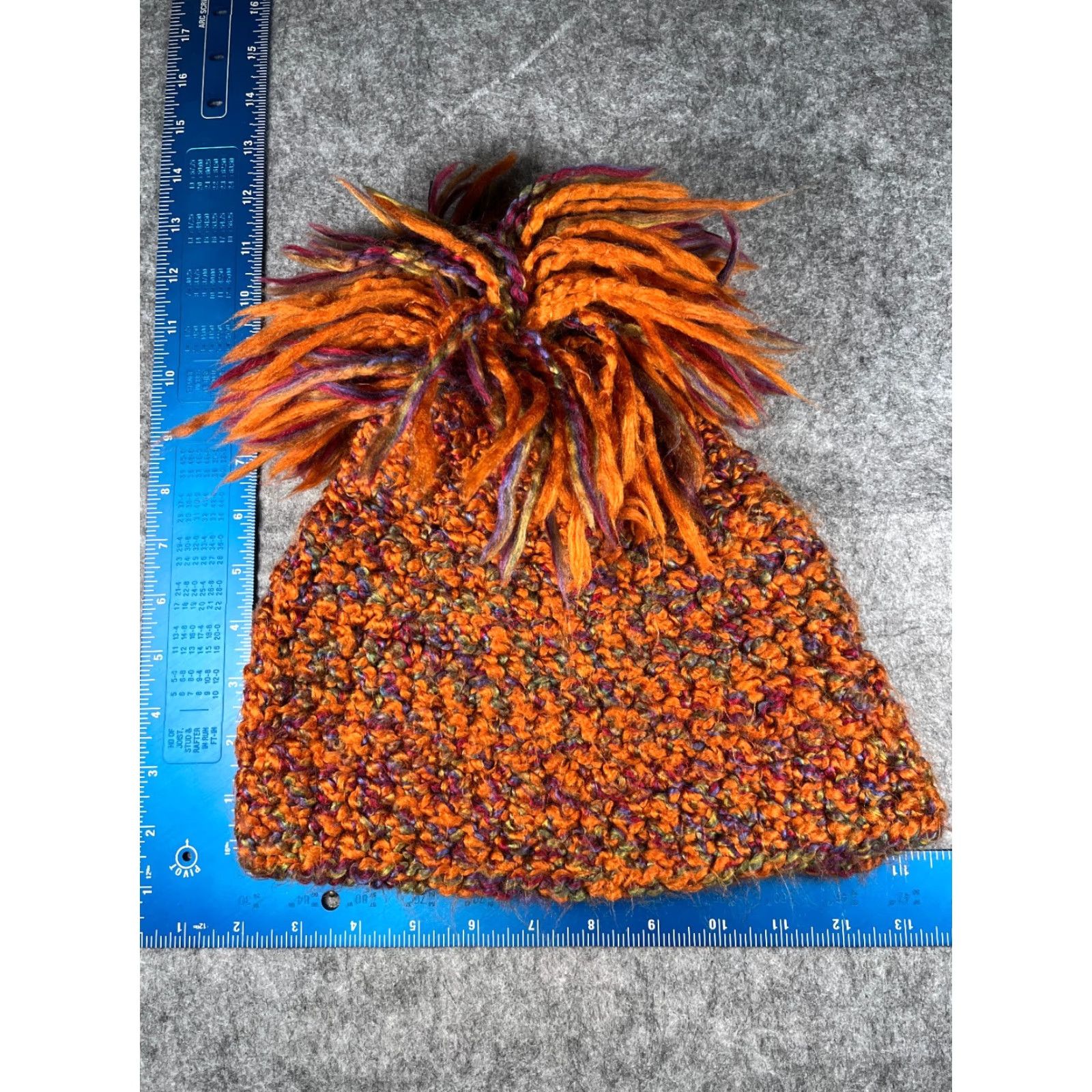 Vintage Handmade Beanie Hat Adult One Size Orange Crochet Knit Acrylic Fuzzy Ski Pom Beanie - Womens Everyday Knit Size ONE SIZE - 4 Thumbnail