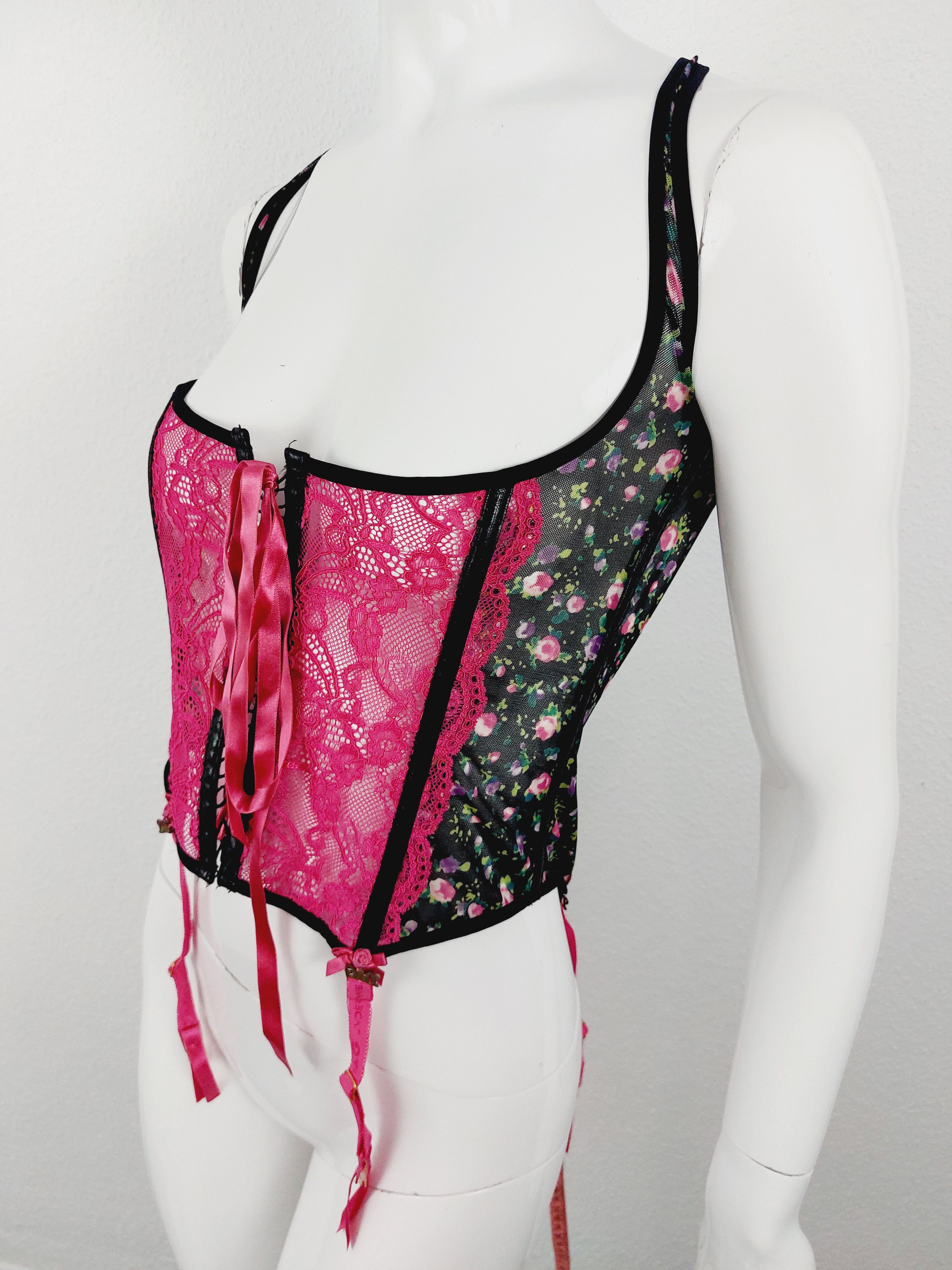 Dolce Gabbana Floral Pink Fuchsia Mesh Rose Corset Bustier