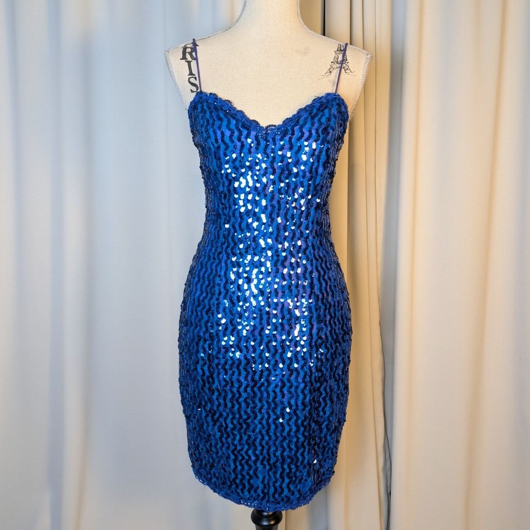 Vintage 80s 90s Blue Sequin Mini Dress Contempo Casuals Prom