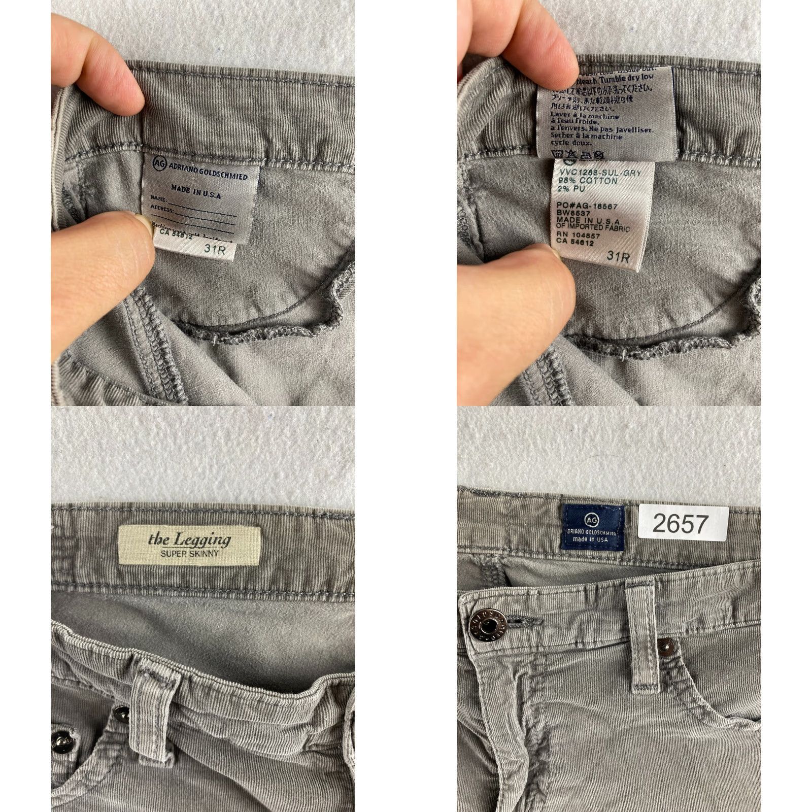 Vintage AG Adriano Goldschmeid Pants Womens 31 Gray Corduroy The Legging Super Skinny Size 24" / US 00 / IT 34 - 11 Thumbnail