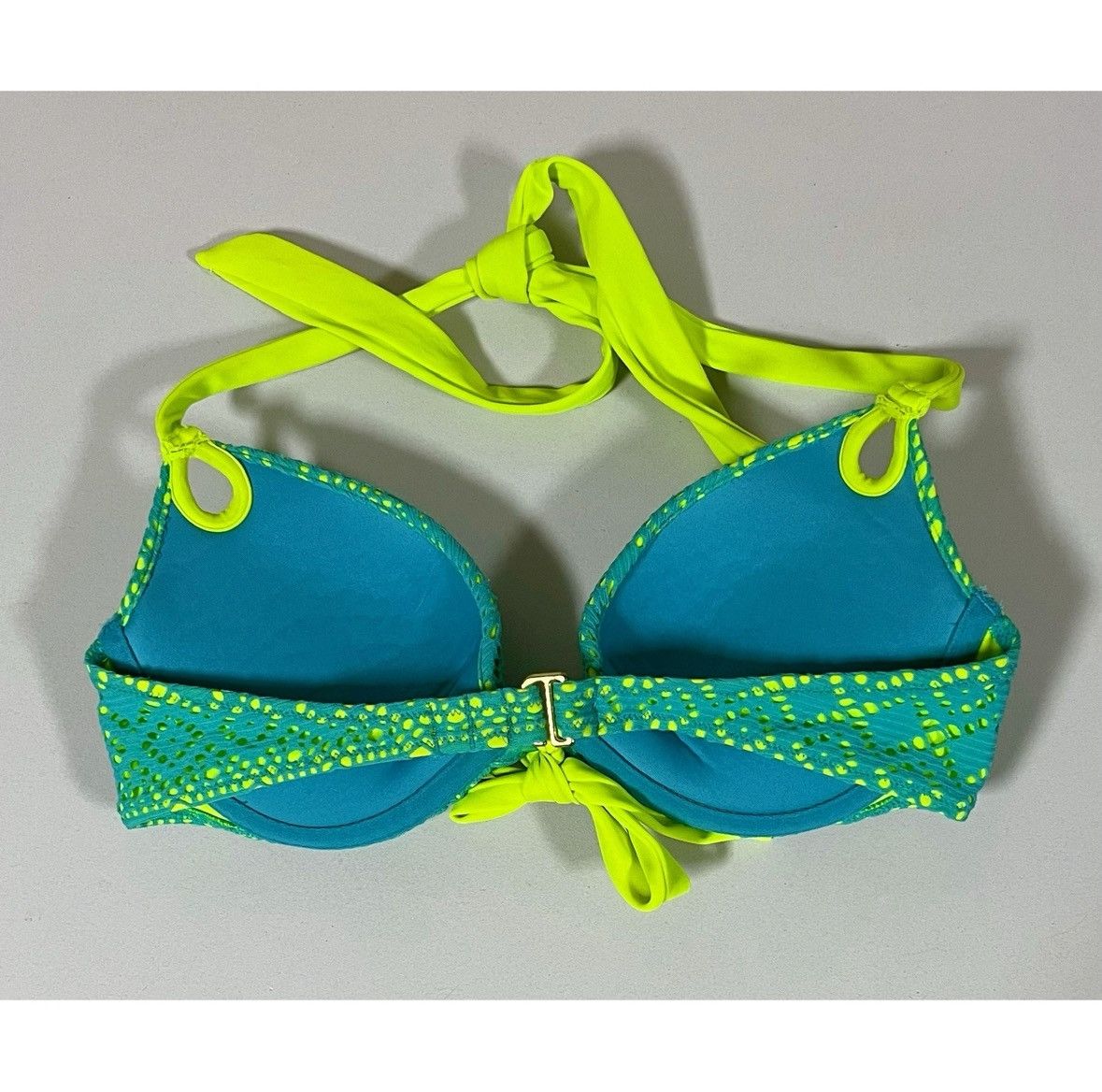 Designer × Victoria's Secret × Vintage Lime Green Blue Lace Push-Up Bikini Top Swimwear Size 32C 💚✨ Size S / US 4 / IT 40 - 4 Thumbnail