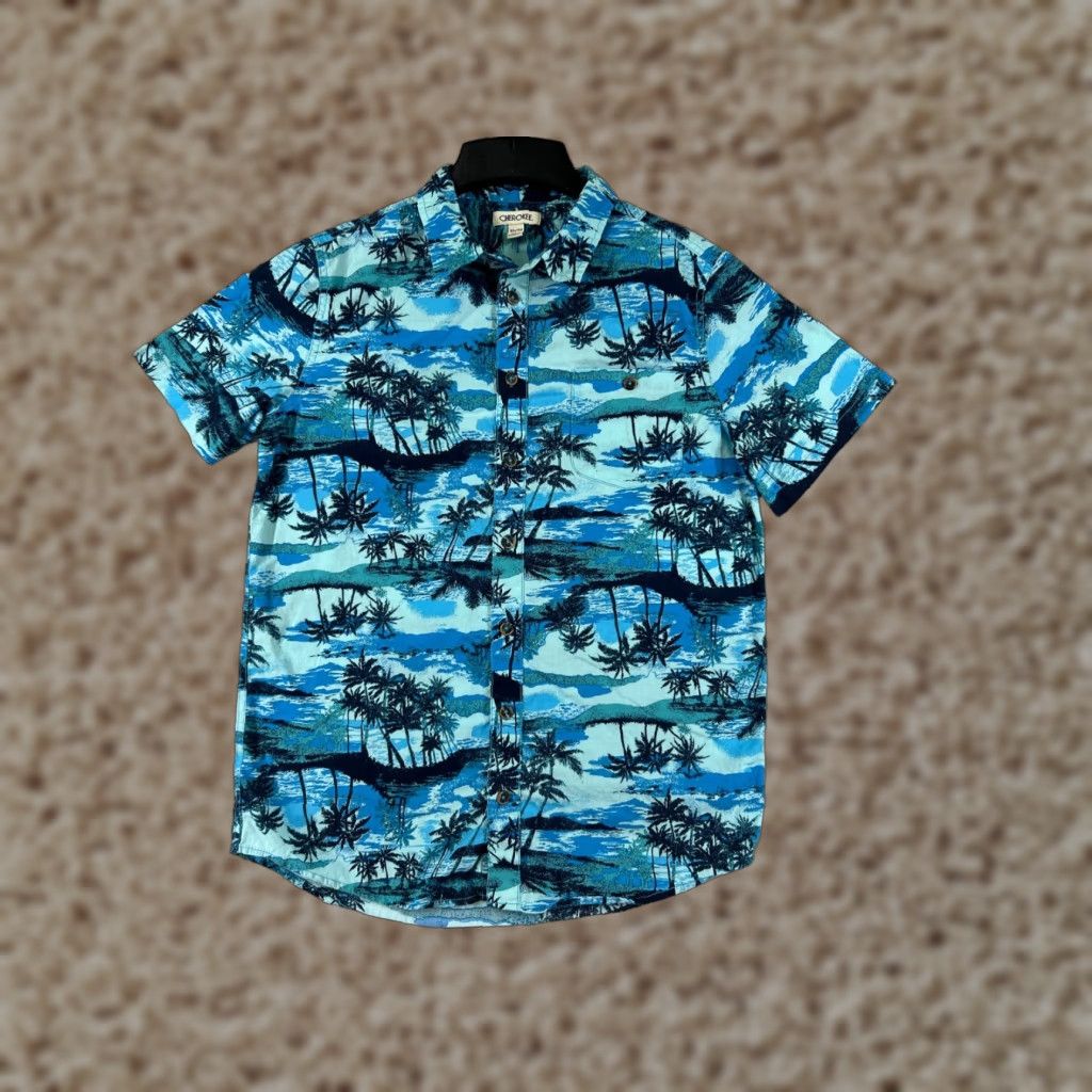 Cherokee Cherokee Shirt Mens XL Blue Palm Island Print Button Up Hawaiian Cotton Size US XL / EU 56 / 4 - 1 Thumbnail