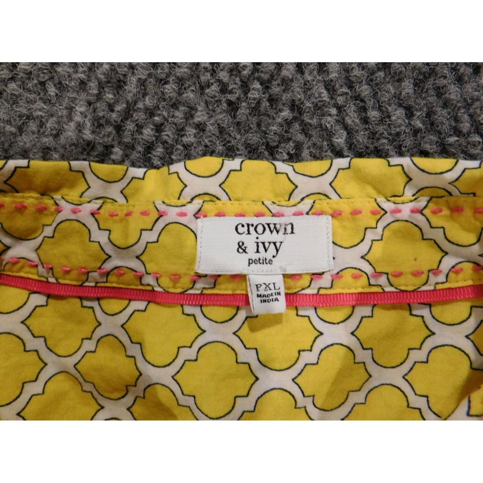 Vintage Crown & Ivy Womens Button-Up Blouse PXL Petites Yellow Floral Knit 100% Cotton Button Front Long Sleeve Collared Casual Regular Mens/Womens Size XL / US 12-14 / IT 48-50 - 5 Thumbnail