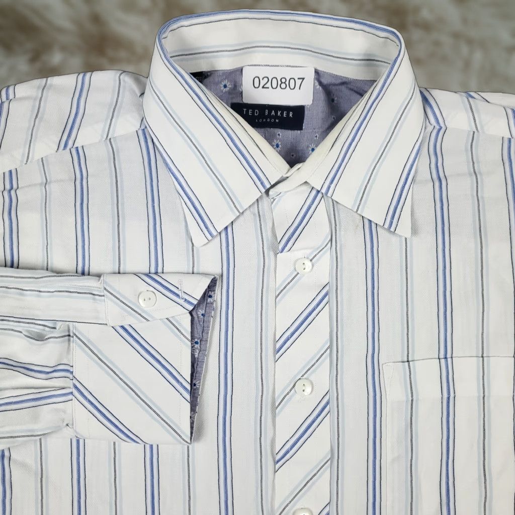 Ted Baker TED BAKER Dress Shirt Mens 16.5 White Blue Striped Button Up Long Sleeve Regular Cotton 100% Classic Modern Preppy Boy Wedding Mens Size 42R - 1 Thumbnail
