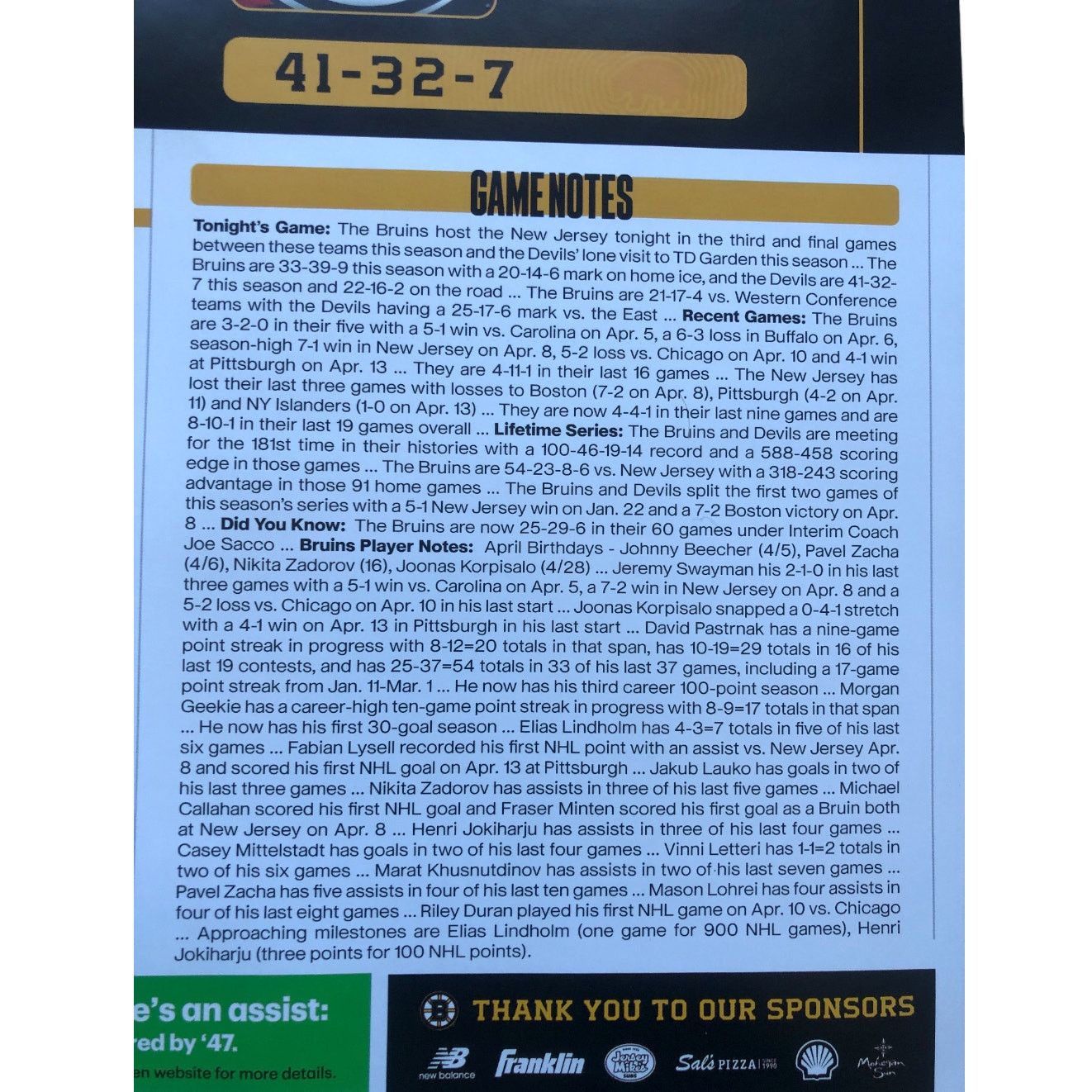 NHL Boston Bruins v New Jersey Devils 4/15/25 Gameday Roster Size ONE SIZE - 6 Thumbnail