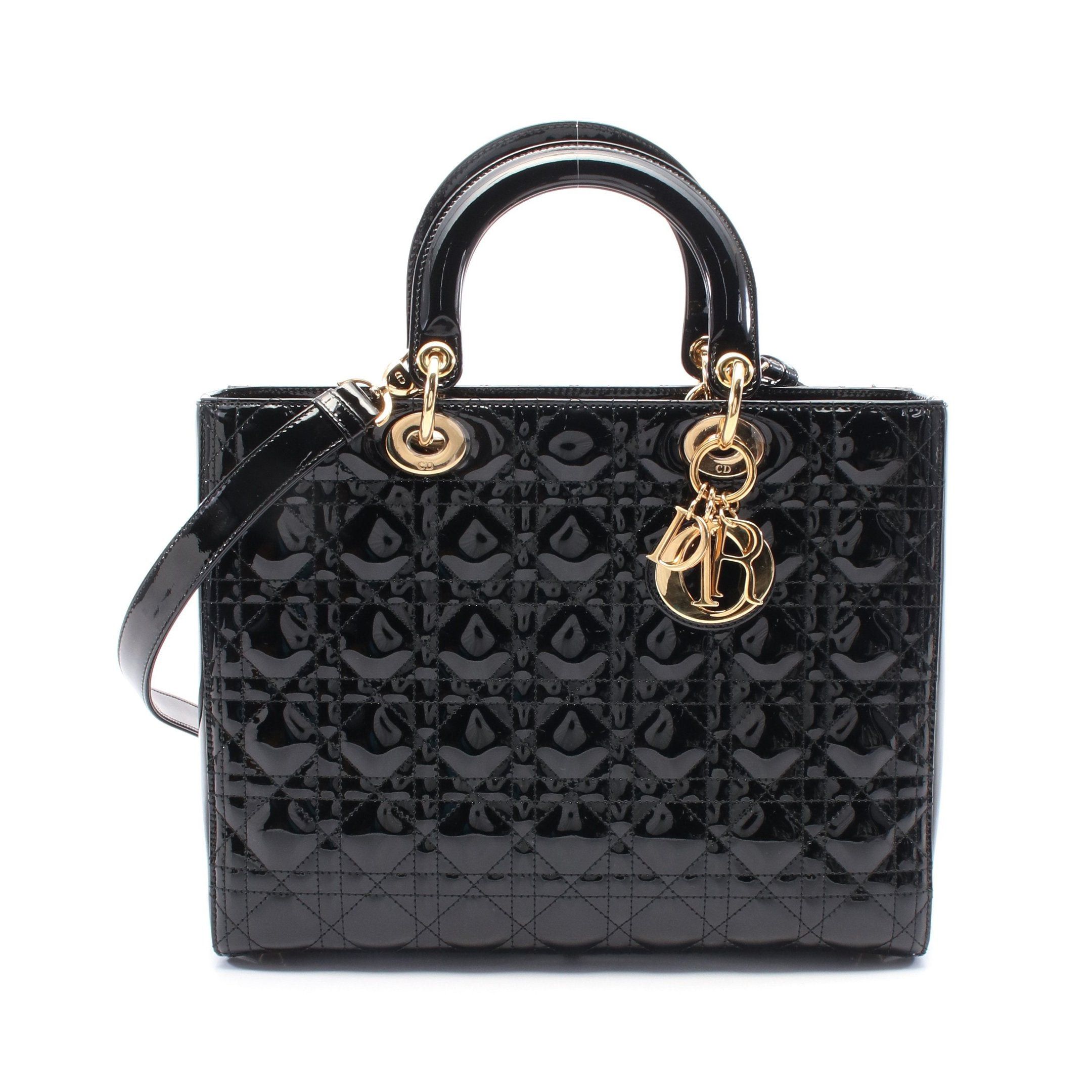 Dior Dior Lady Dior Large Canage Handbag Patent Leather Black Size ONE SIZE - 1 Thumbnail
