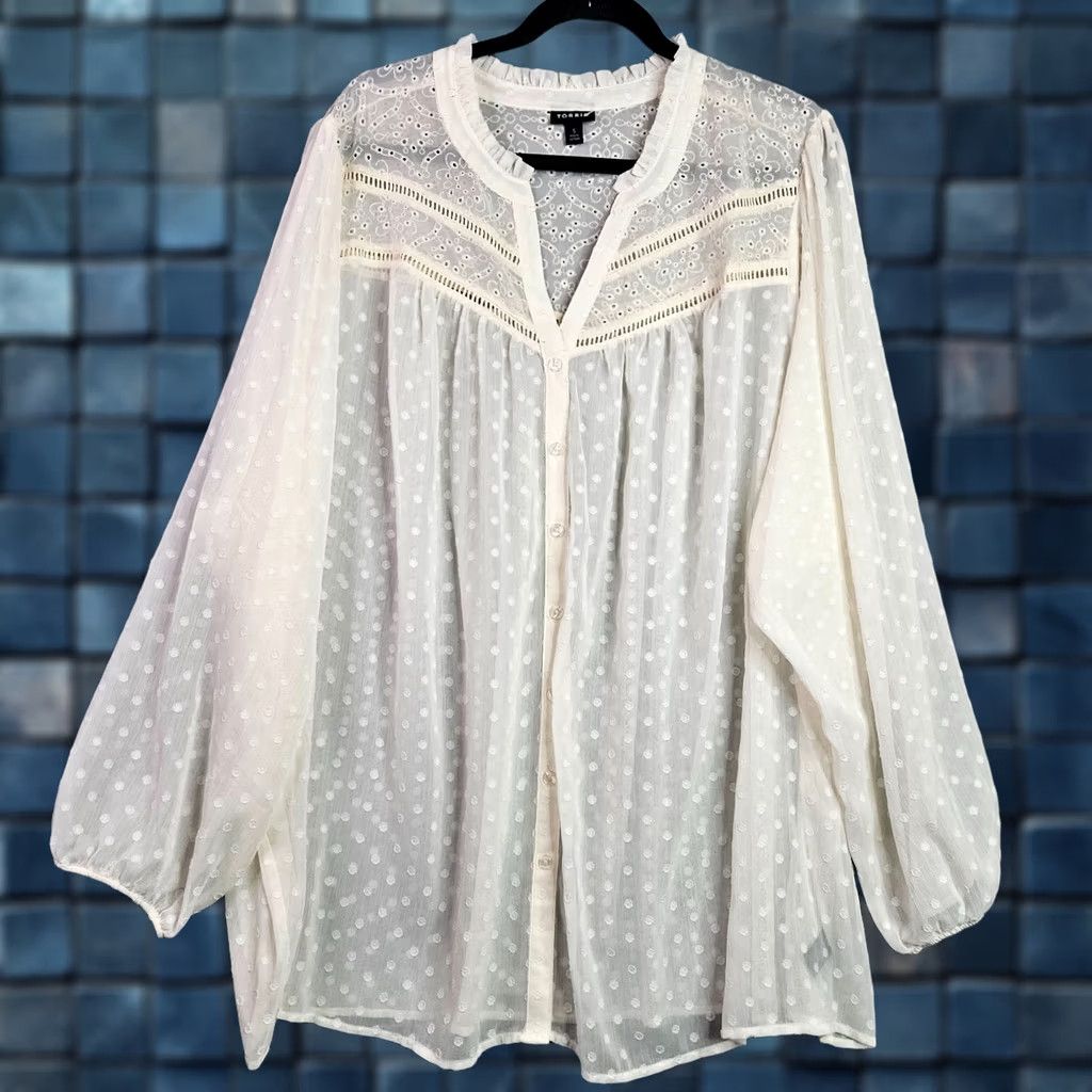 Torrid Torrid Shirt Plus 28W White Button Long Sleeve Chiffon Dot Lace blouse Strapless? Size 4XL / US 24-26 - 1 Thumbnail