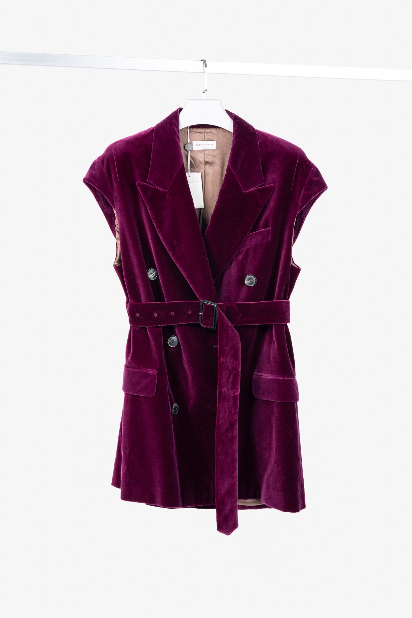 Dries Van Noten AW20 Rawn Shortbis Velvet Cap-Sleeve Coat