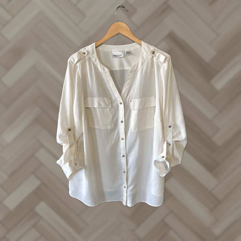 Avenue Avenue Womens White Long Sleeve Sheer Button-Up Shirt 18/20 Plus Size White/Sheer Button-Up Shirt Women Adults Plus Size 18/20 Size XXL / US 16-18 / IT 52-54 - 1 Thumbnail