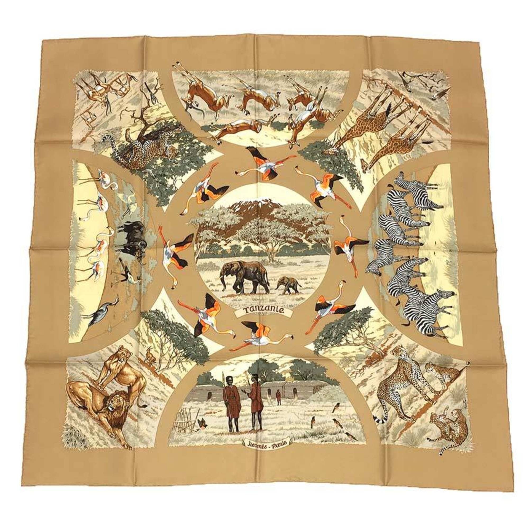 image of Hermes Carre 90 Scarf Muffler Tanzanie Mocha Beige 100% Silk, Women's