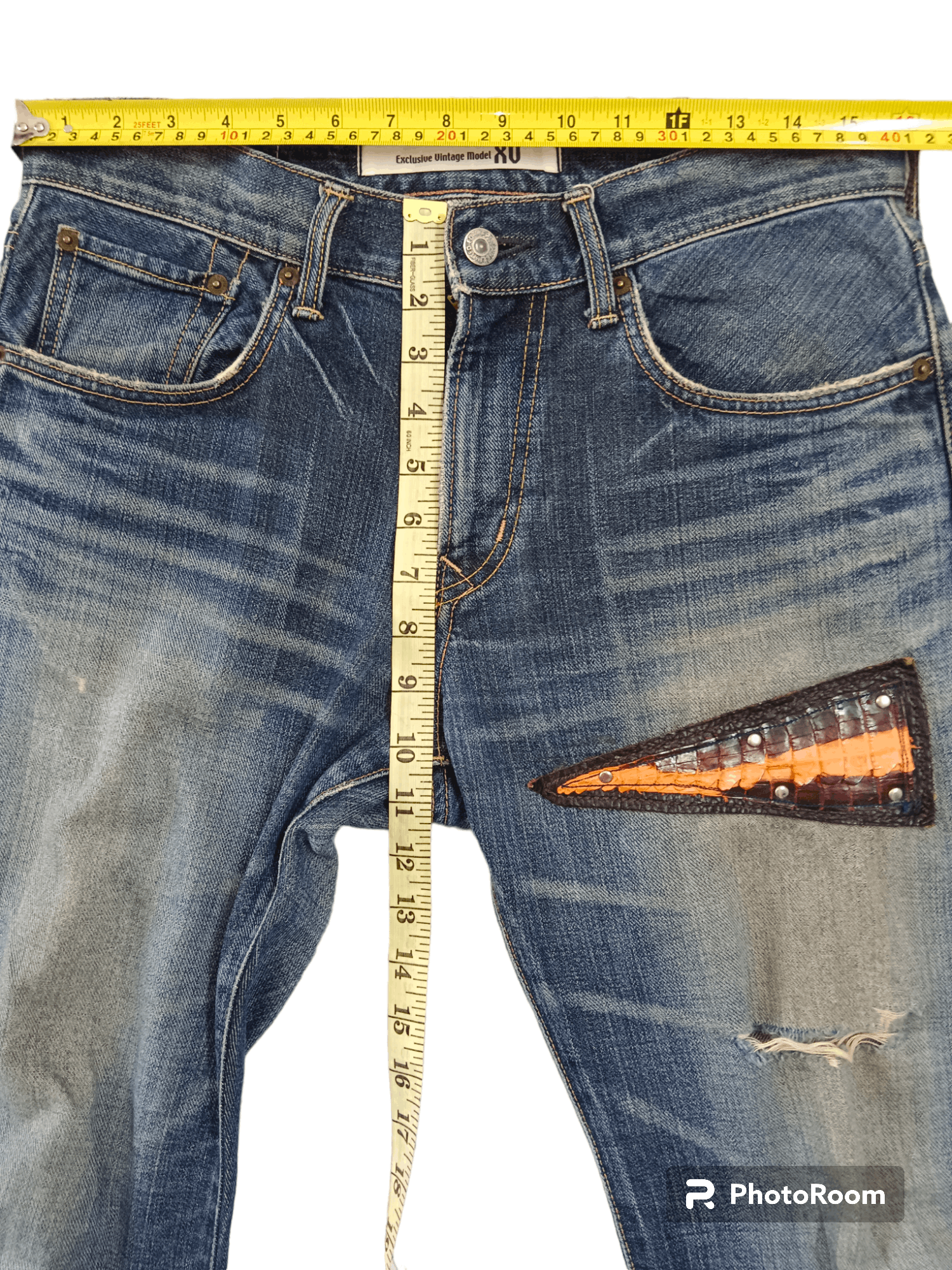 Edwin Crocodile Skin Leather Patchwork Distressed Flare Denim Size US 29 - 9 Thumbnail