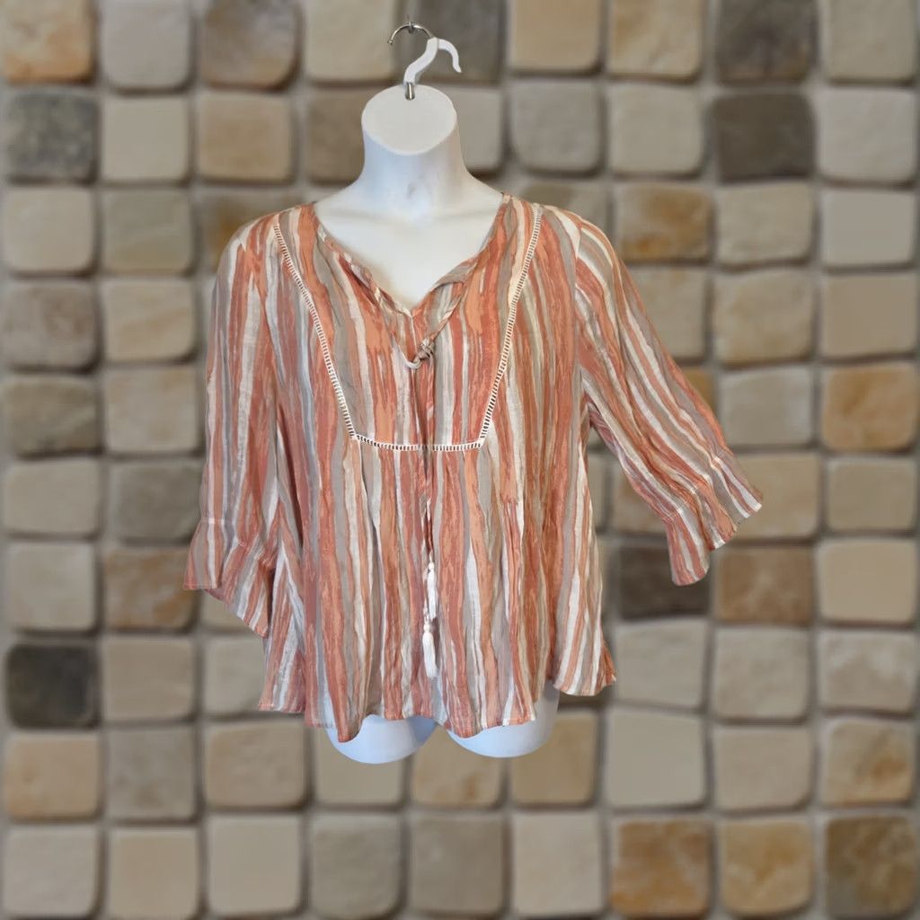 Bell Robert Louis Womens 1X Orange Tan Stripe Bell Sleeve Boho Hippie Top Size XL / US 12-14 / IT 48-50 - 1 Thumbnail