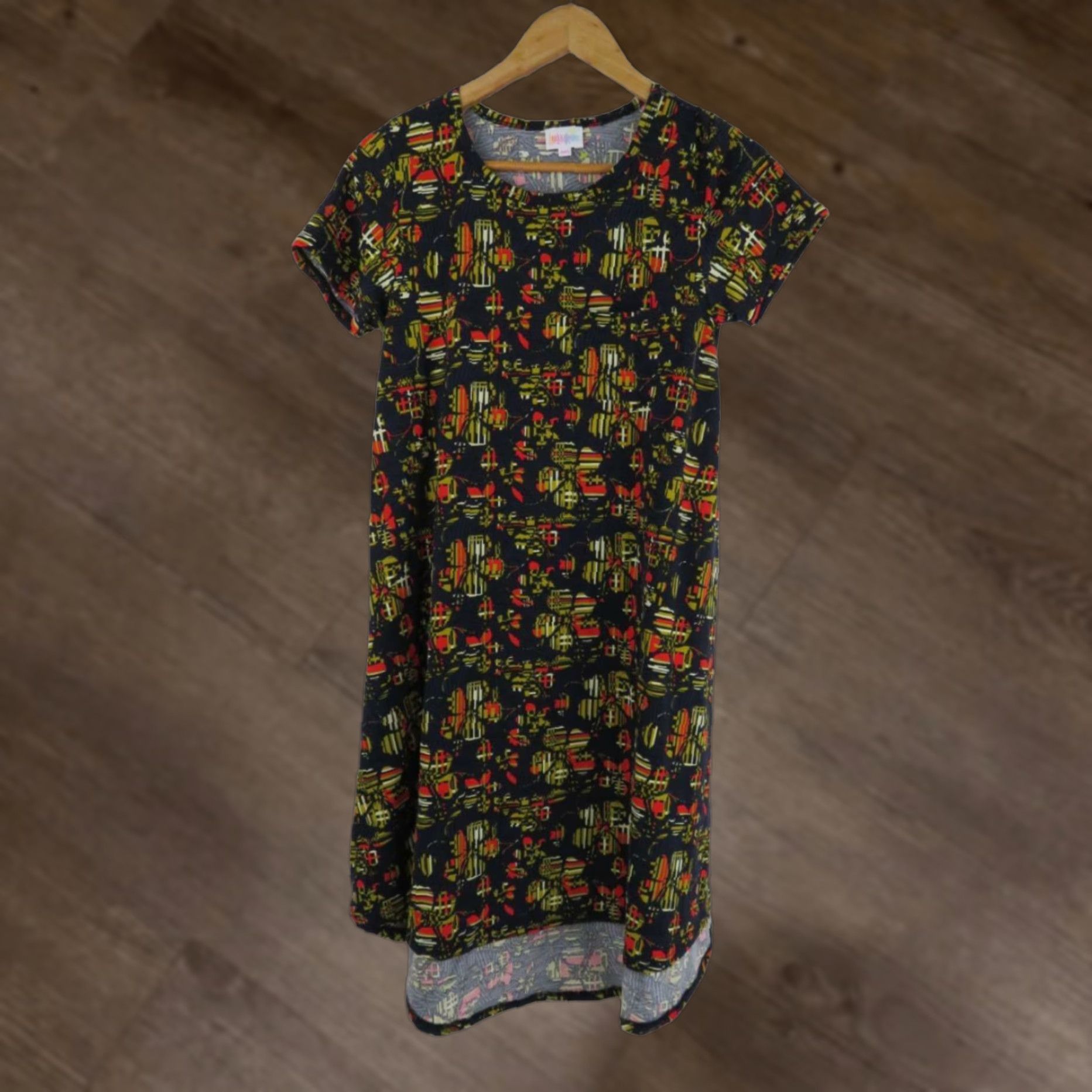 Vintage LuLaRoe Carly Dress 2XS Womens Floral Swing Dress Knee Length Black Purple Yellow Unicorn Stripe Size XXS / US 00 / IT 34 - 1 Thumbnail