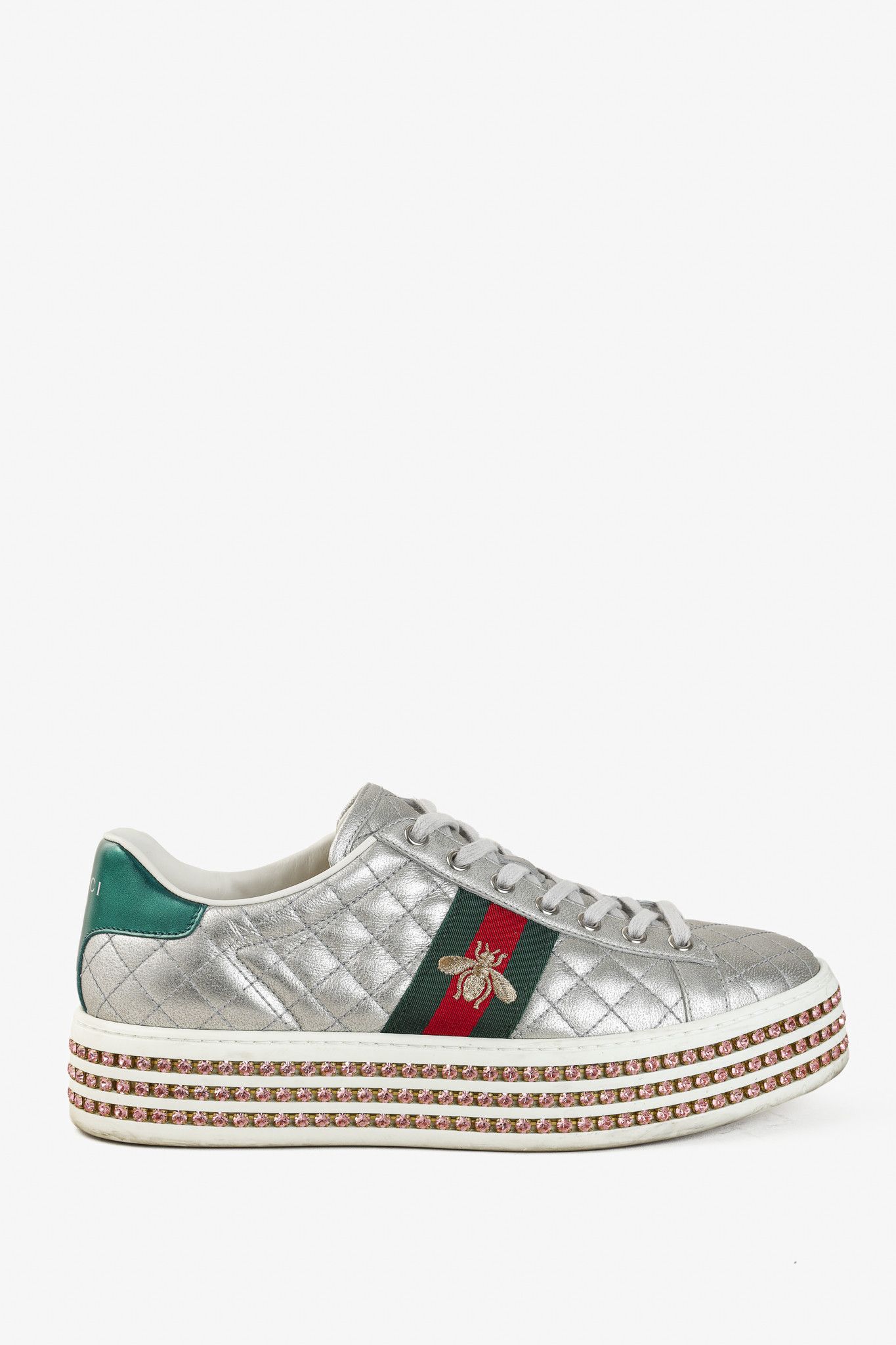 Gucci Ace Silver Quilted-Leather Crystal-Platform Sneakers