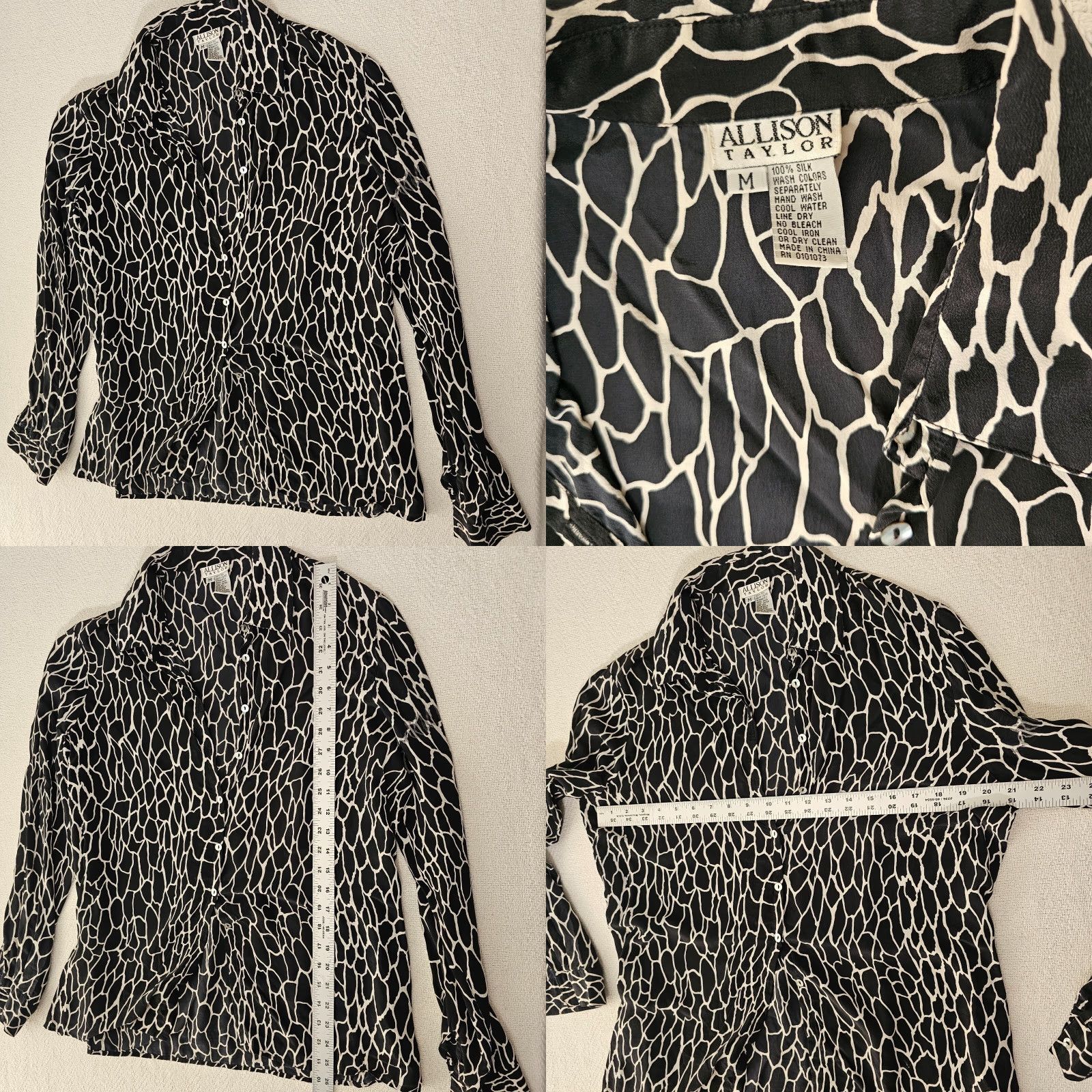 Vintage VINTAGE Allison Taylor Shirt Blouse Women's M Black & White Silk Geometric Print Geometric Blouse 90s Womens Size M / US 6-8 / IT 42-44 - 8 Thumbnail