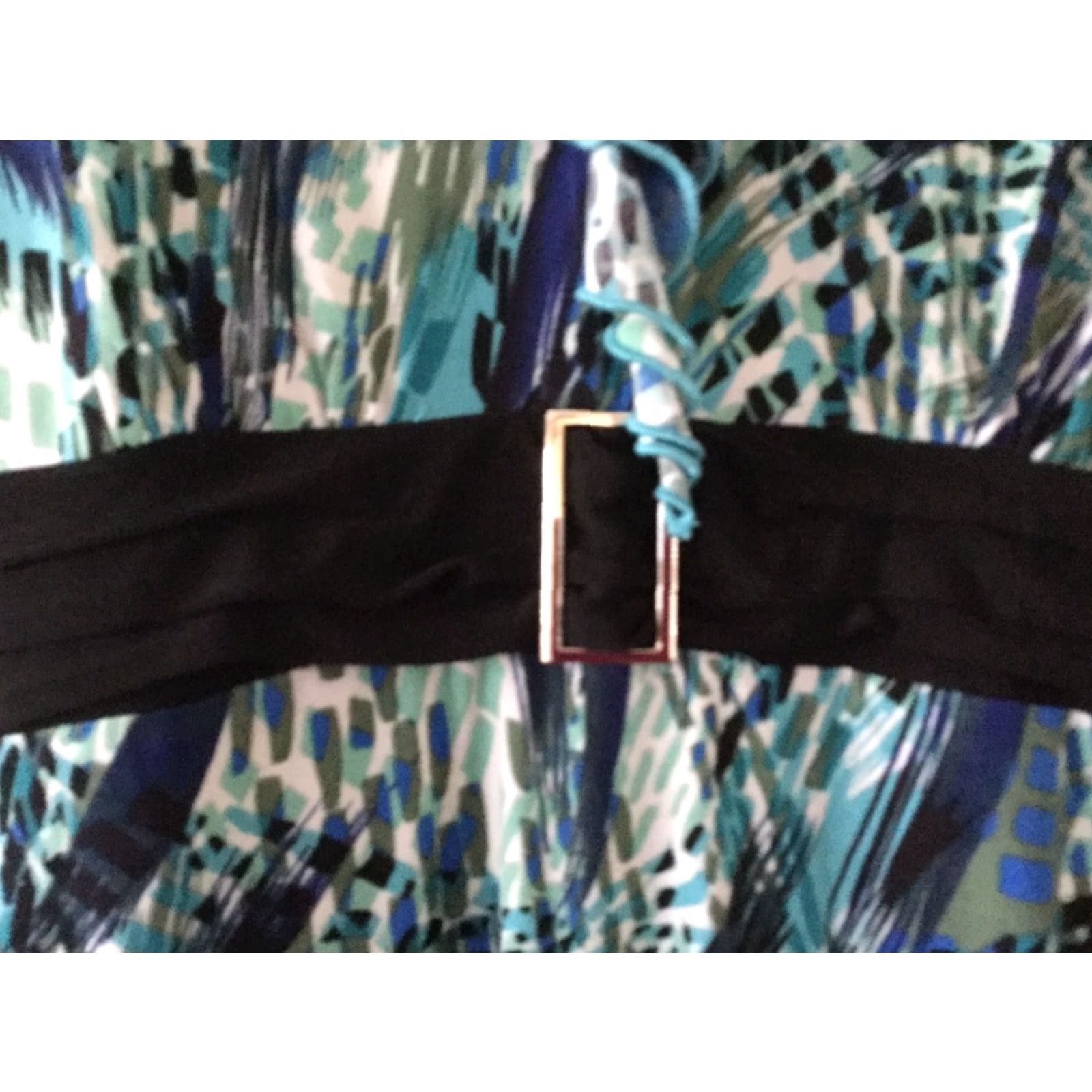 Vintage New Directions Woman's Geometrical Print Dress Belt Look Black Teal Blue Large Satin? Size L / US 10 / IT 46 - 3 Thumbnail