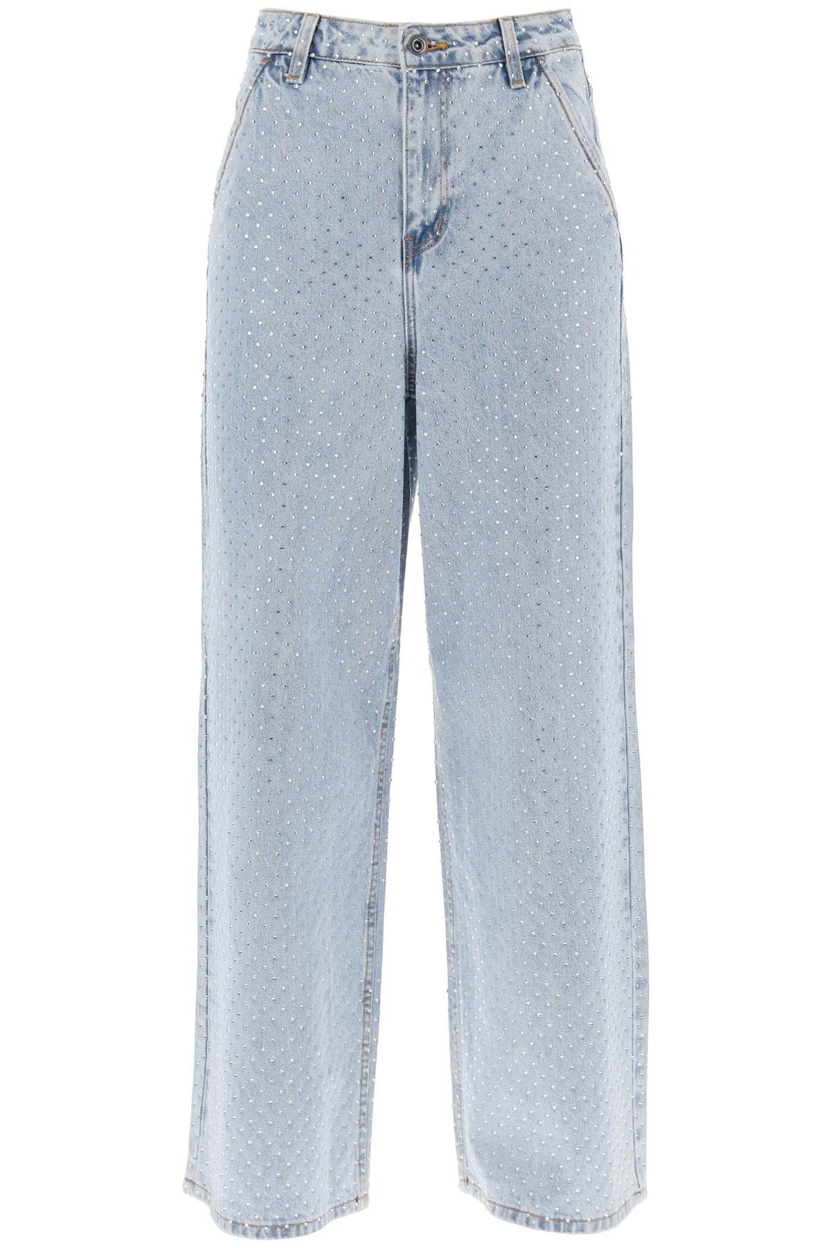 image of Self Portrait Rhinestone-Studded Wide Leg Jeans in Celeste, Women's (Size 26)