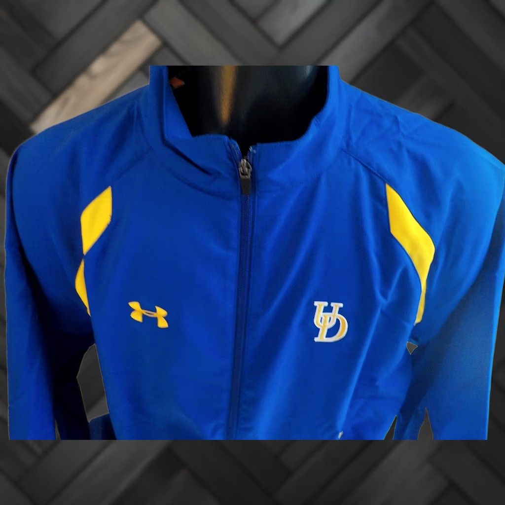 Under Armour UNDER ARMOUR Allseason Jacket Mens 2XL Zip Front Rain Blue Gold NWT Windbreaker Casual Front Zip Pockets UD Chest Back Neck DELAWARE, USA Size US XXL / EU 58 / 5 - 1 Thumbnail