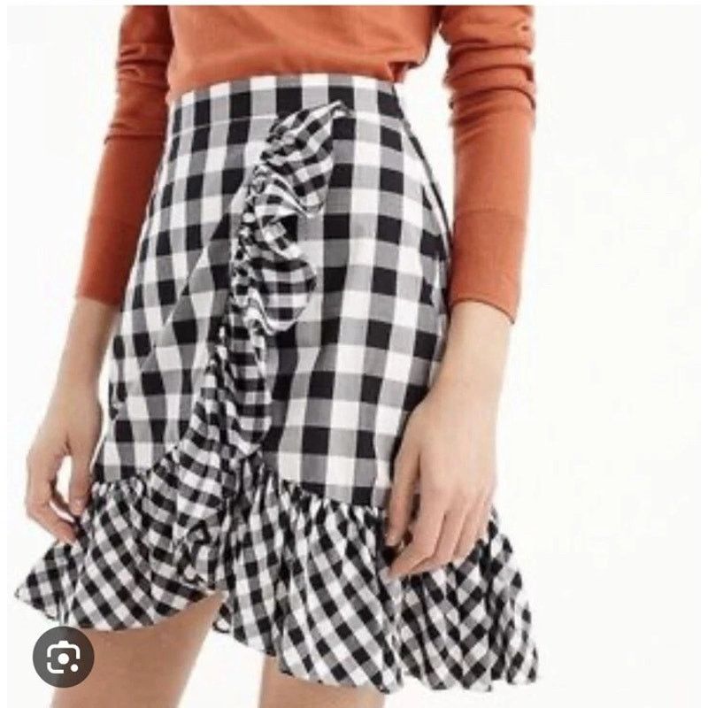 J.Crew J CREW Ruffle Wrap Gingham Mini Skirt Black White Cotton 0 Size 25" / US 0 / IT 36 - 9 Thumbnail