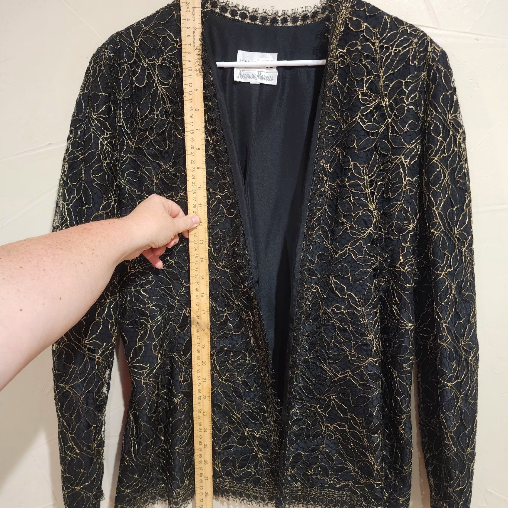 VINTAGE Neiman Marcus Jacket Bomber Black & Gold Emboss Fabric Short Button Up Lining Polyester Sequin Aztec Butterfly Collarless Womens Size M