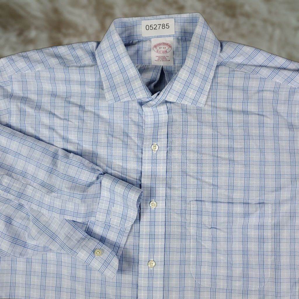 Brooks Brothers VINTAGE Brooks Brothers Shirt Mens Size 17 Blue Plaid Dress Long Sleeve Button Up Non-Iron Regular Cuffed Mens Clothing Size 46R - 1 Thumbnail