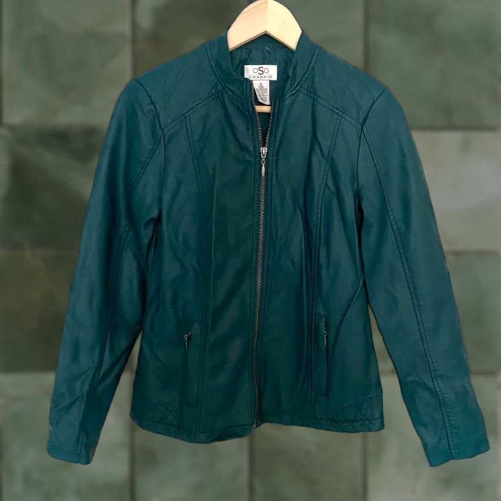 Vintage Green Faux Leather Look Coat Full Zip Stylish Womens Casual Jacket Outerwear Size S / US 4 / IT 40 - 1 Thumbnail
