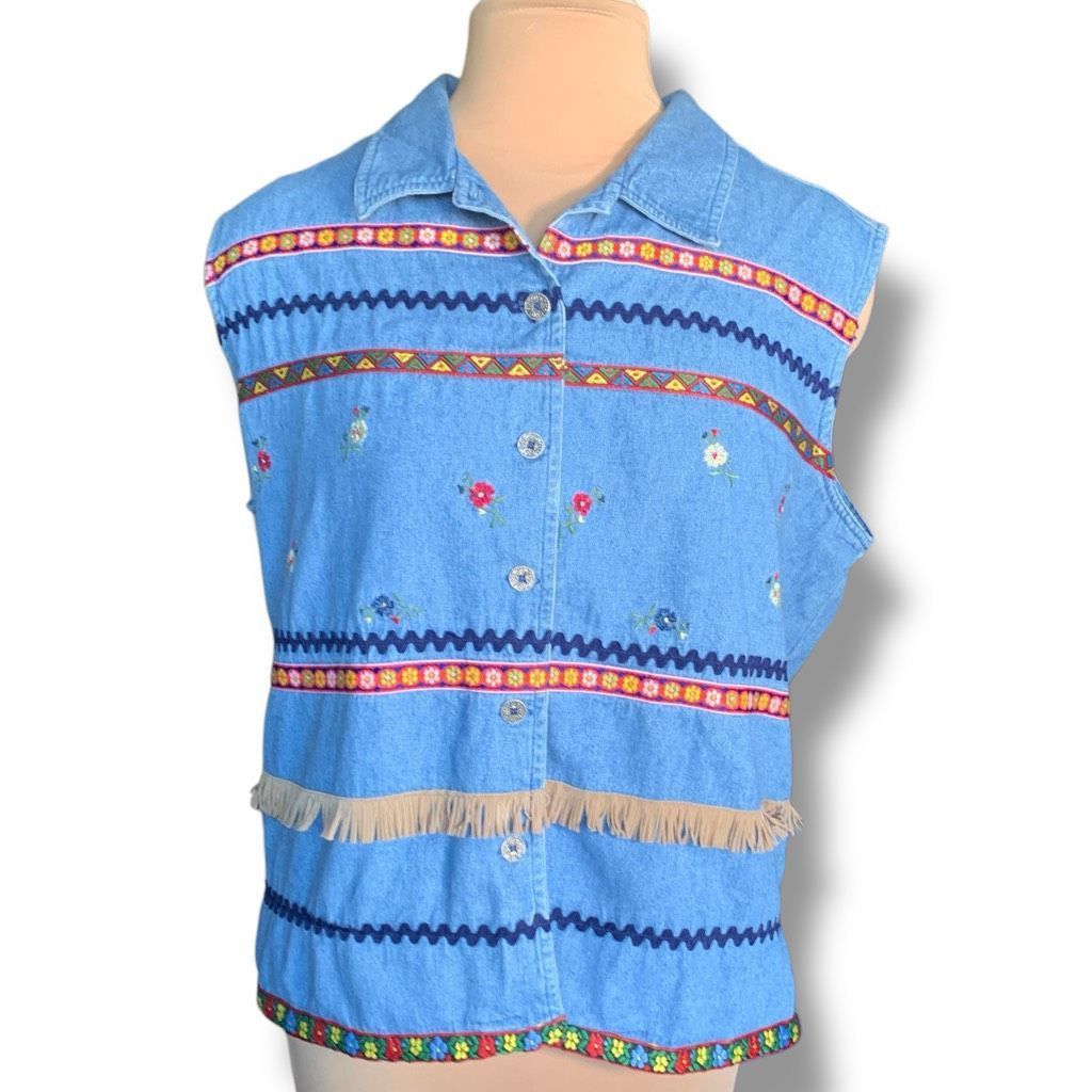 Vintage Upcycled Vintage Victoria Jones Sleeveless Denim Shirt Fring Size XXL / US 16-18 / IT 52-54 - 11 Thumbnail