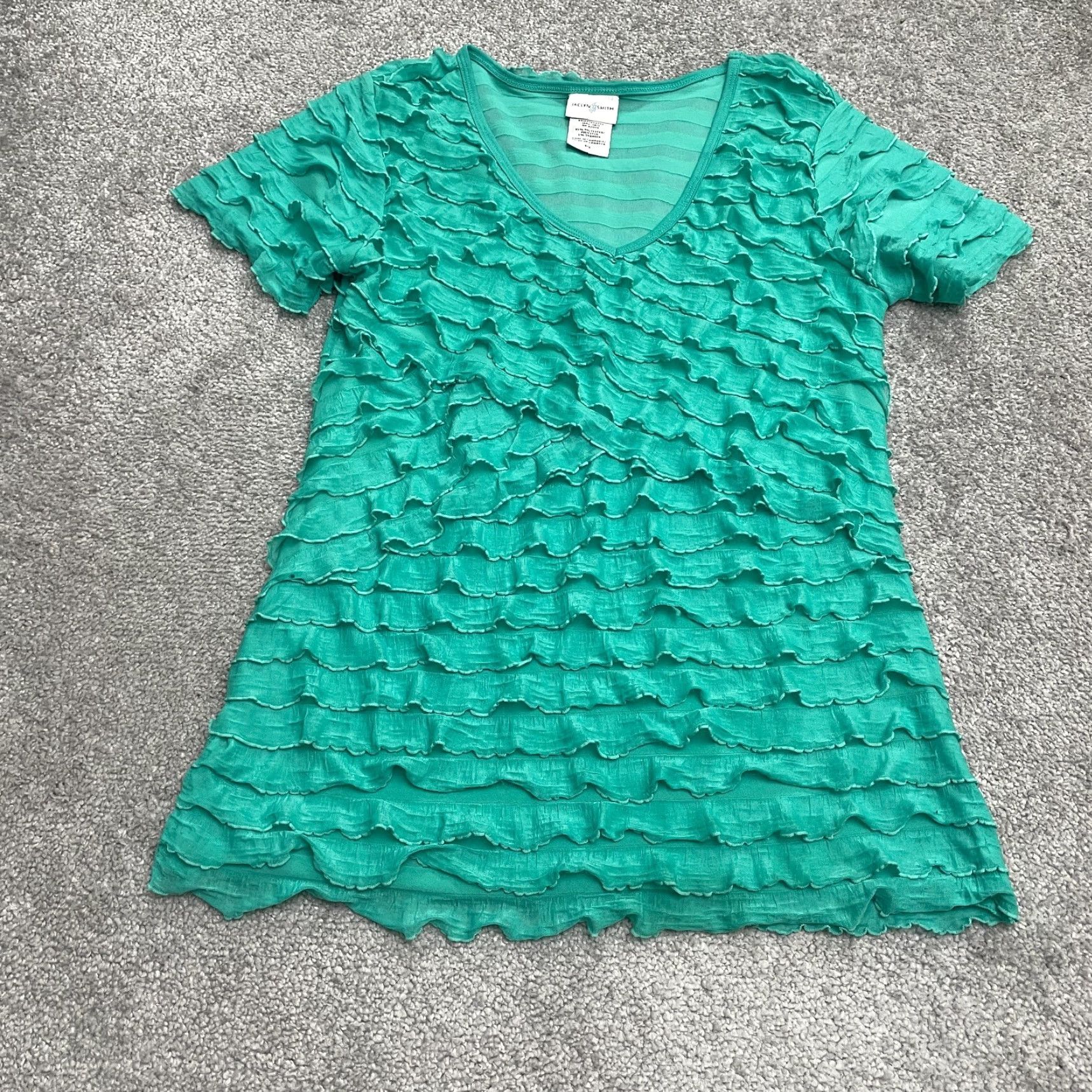 Vintage Jaclyn Smith Blouse Shirt Womens Small Green Short Sleeve V-Neck Ruffles Casual Top Knit Polyester Spandex Regular Solid Size S / US 4 / IT 40 - 2 Thumbnail