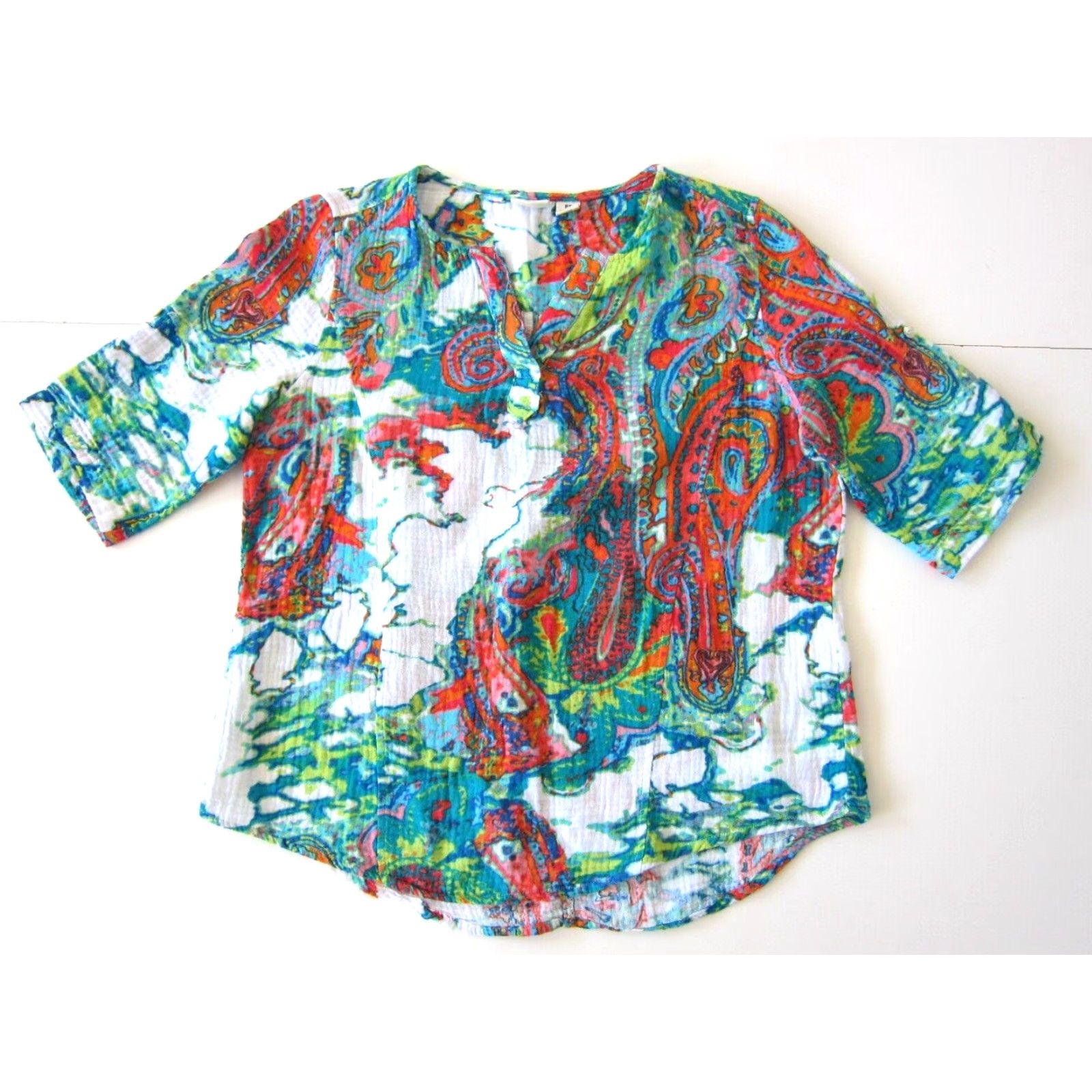 Vintage Westbound Blouse Tunic Short Sleeve V-Neck 100% Cotton Petites PS Green Tie Dye Women Size S / US 4 / IT 40 - 2 Thumbnail