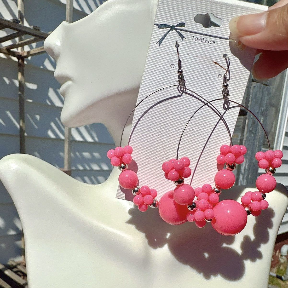 Designer JJ lead free hook earrings hot pink beads big loops silver Size ONE SIZE - 1 Thumbnail