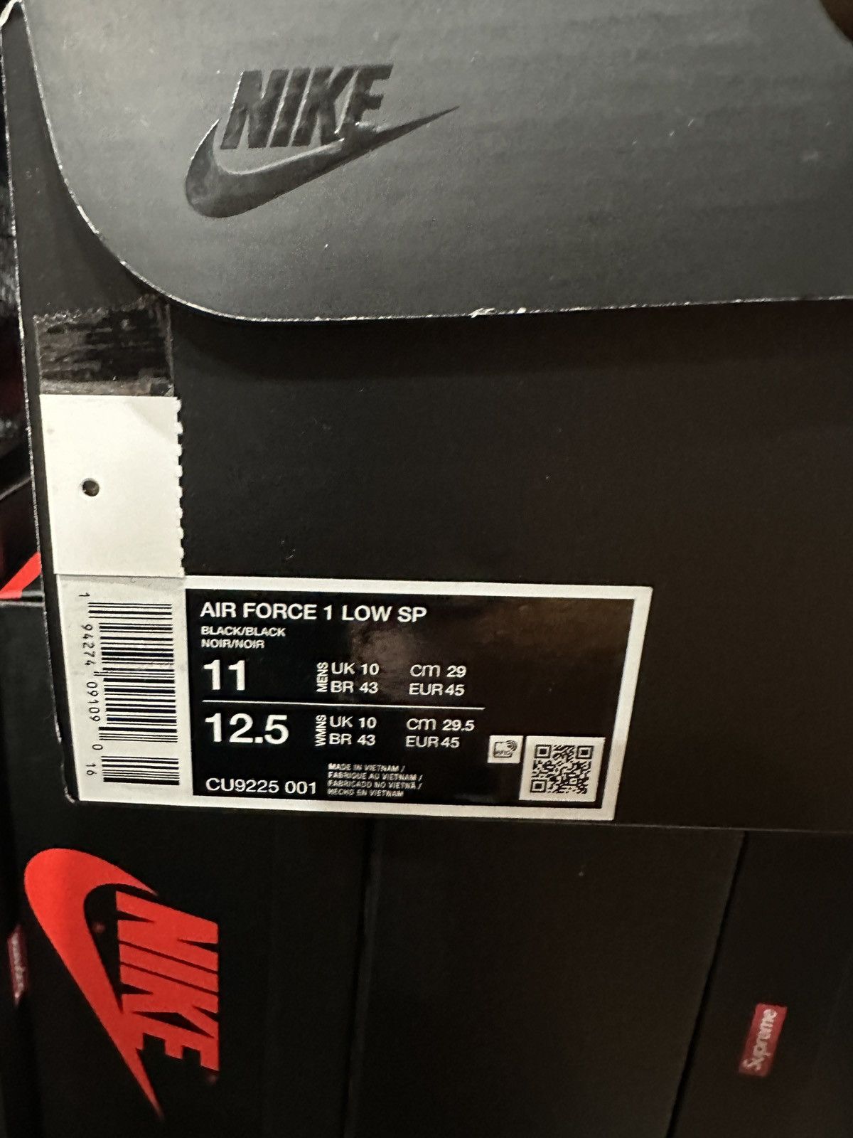 Nike × Supreme SZ 11 US MEN, 12.5 Wmn Nike Air Force 1 Low Supreme Black Size US 11 / EU 44 - 14 Thumbnail