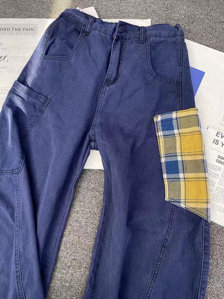 VIBE Navy Blue Checkered Patchwork Wide-Leg Jeans Size US 33 - 3 Thumbnail