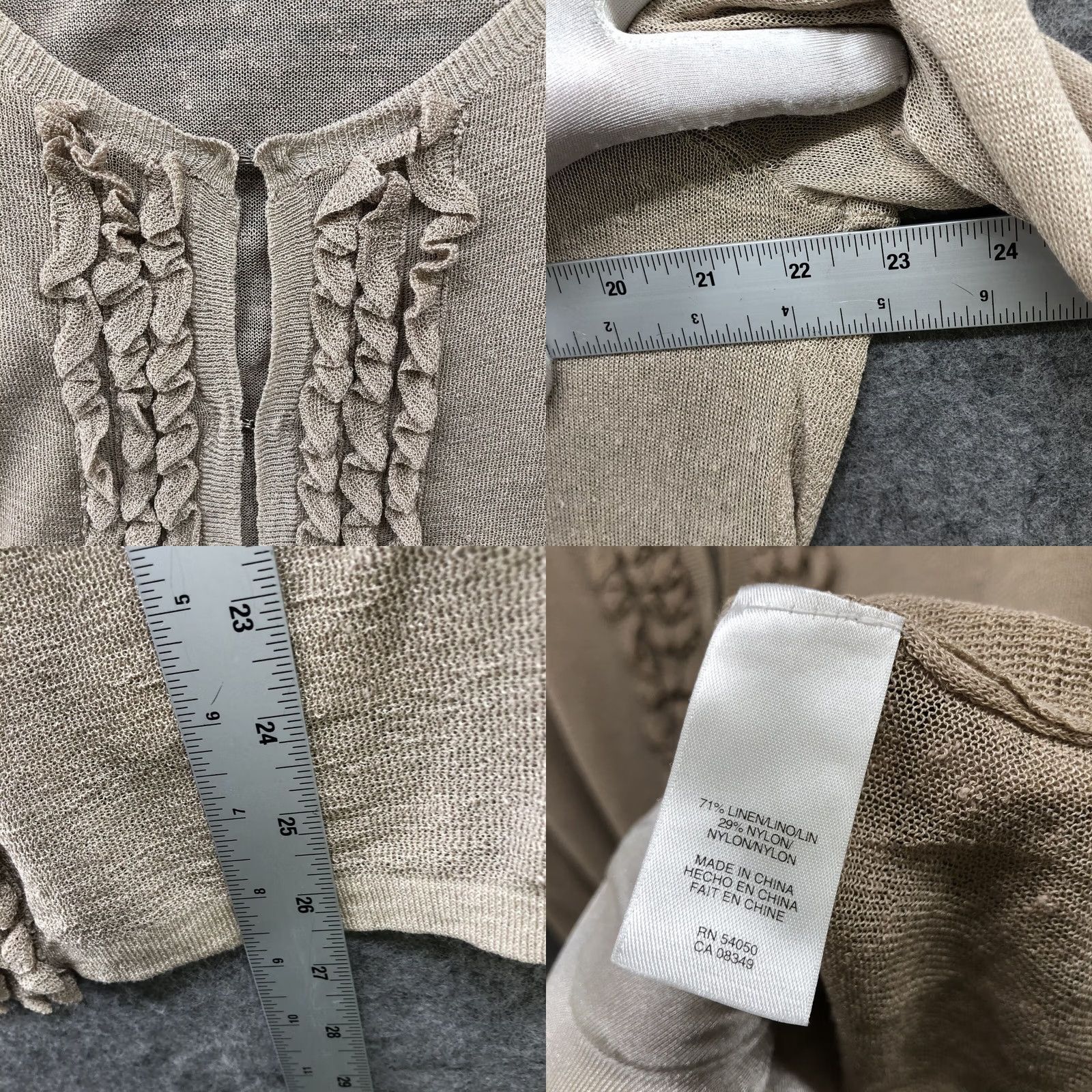 Ann Taylor Anne Klein Linen Blend Cardigan Womens XL Beige Open Knit Ruffle Front Hook Size XL / US 12-14 / IT 48-50 - 8 Thumbnail